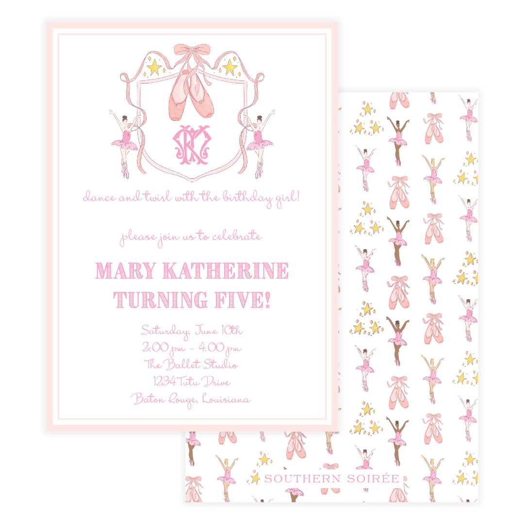 Personalized pink ballerina birthday invitation with monogram