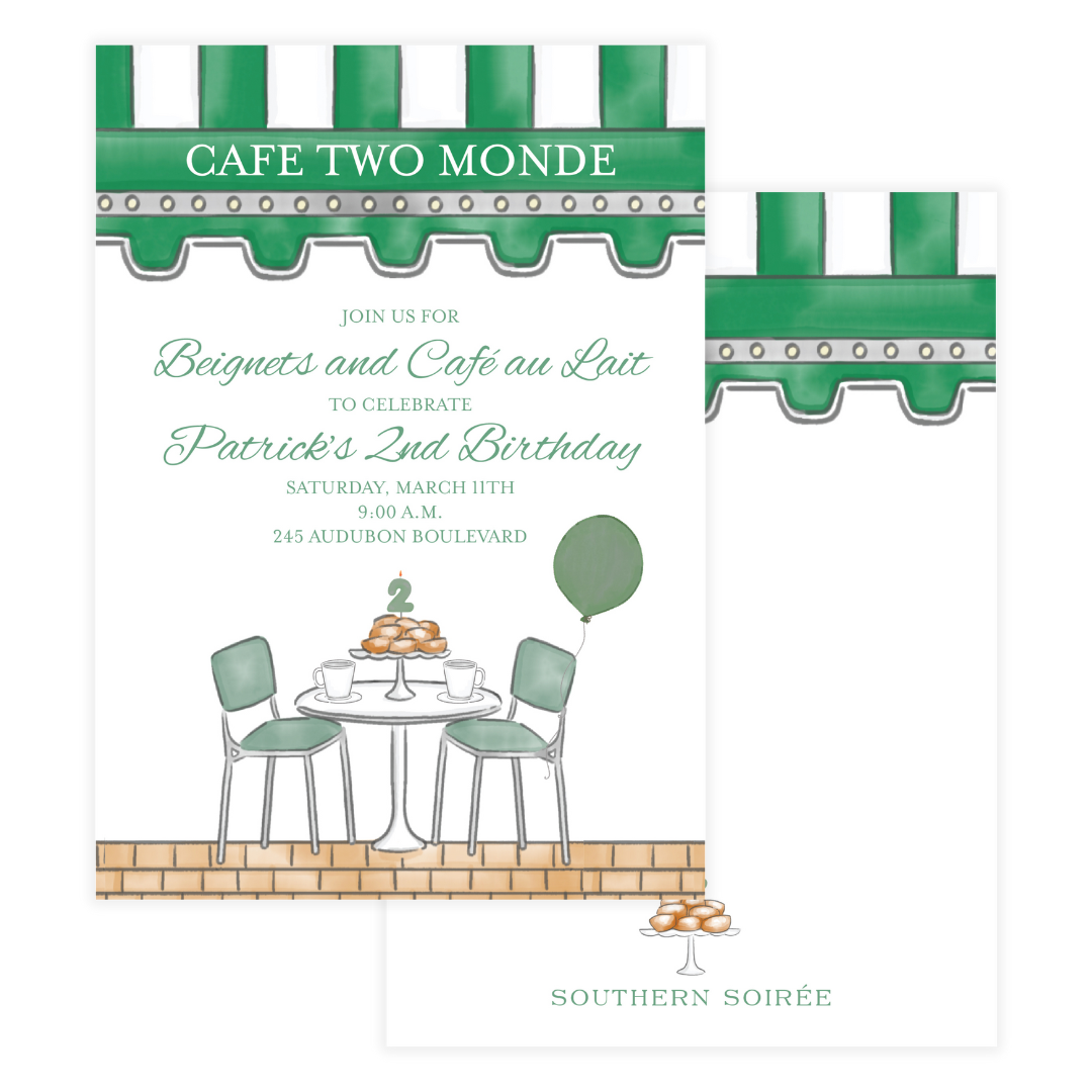 New Orleans beignet and café themed second birthday invitation