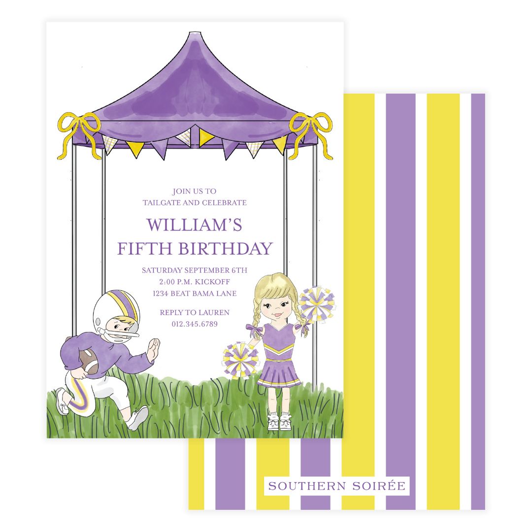 Children's birthday party invitation with a football player and cheerleader design, featuring purple and yellow colors.