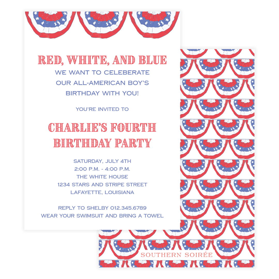 Patriotic red, white and blue birthday invitation with watercolor bunting