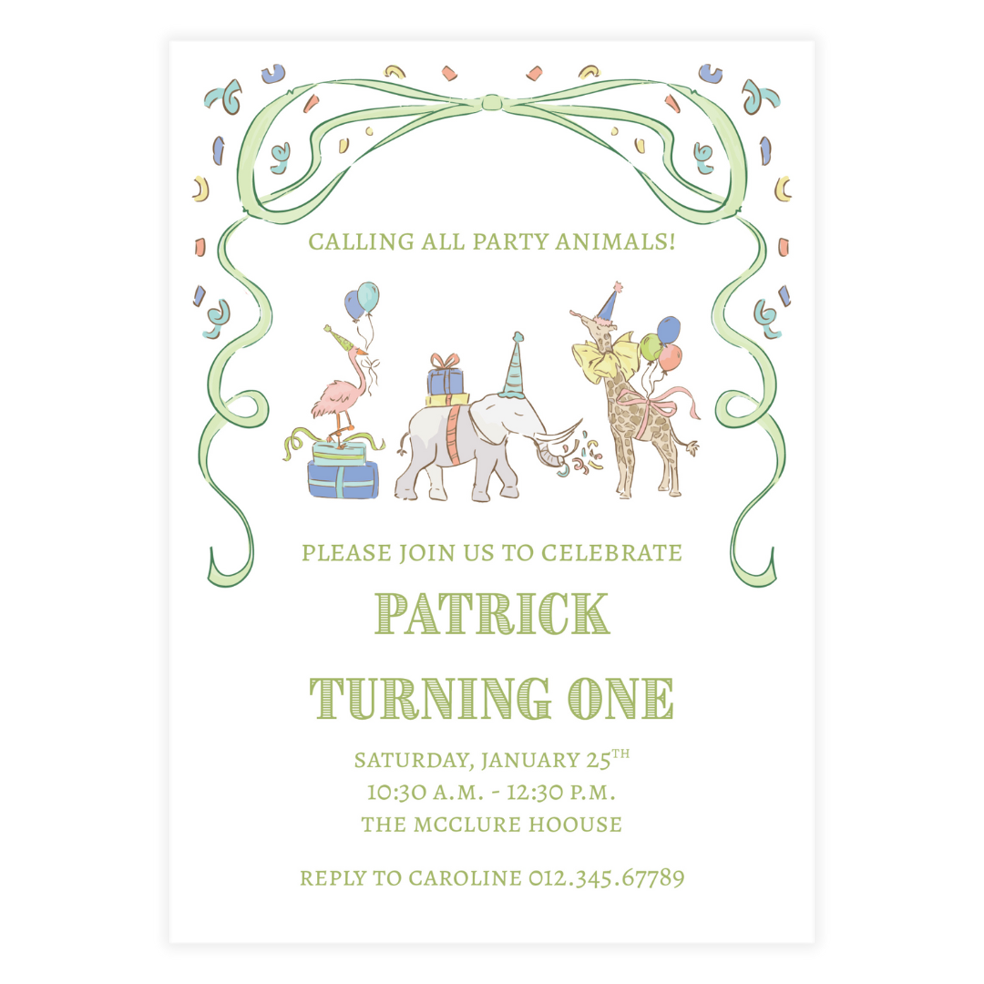 Green Small Party Animals Invitation