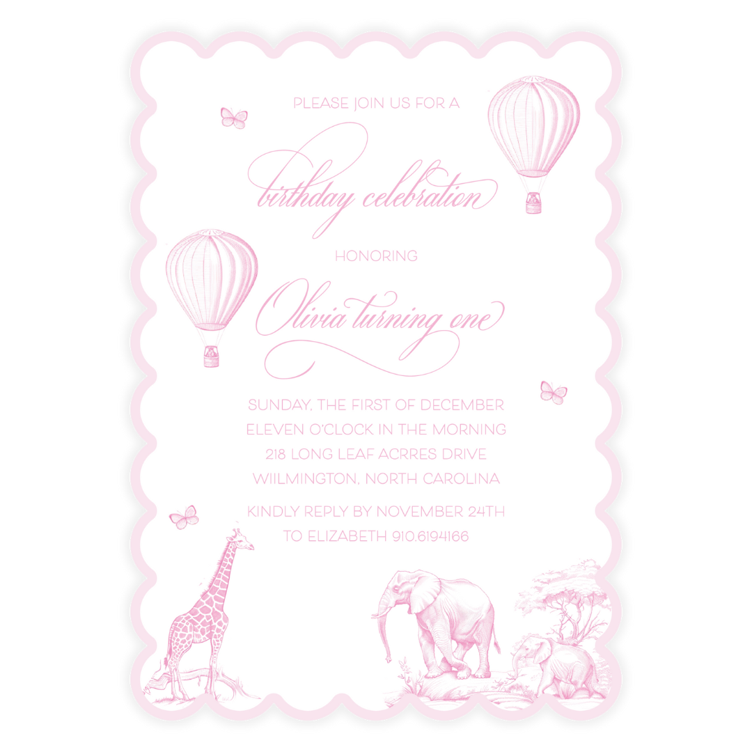 Pink Animal Toile Scallop Invitation
