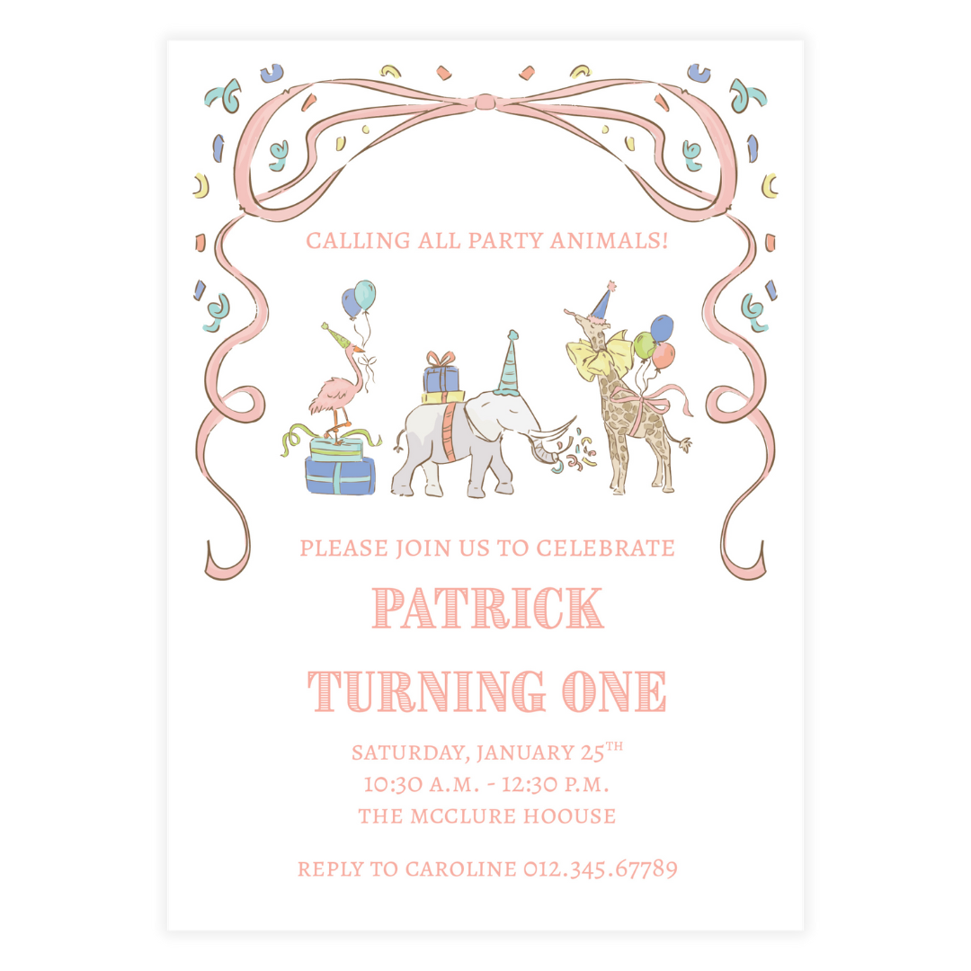 Pink Small Party Animals Invitation