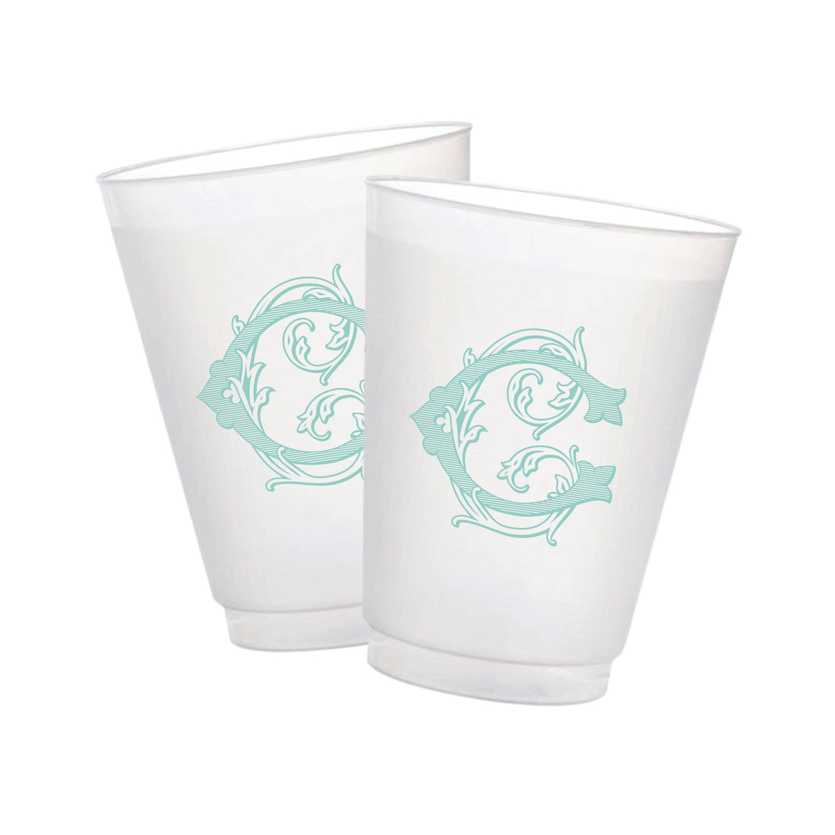 Vintage Vine Monogram personalized frosted cups featuring an ornate initial