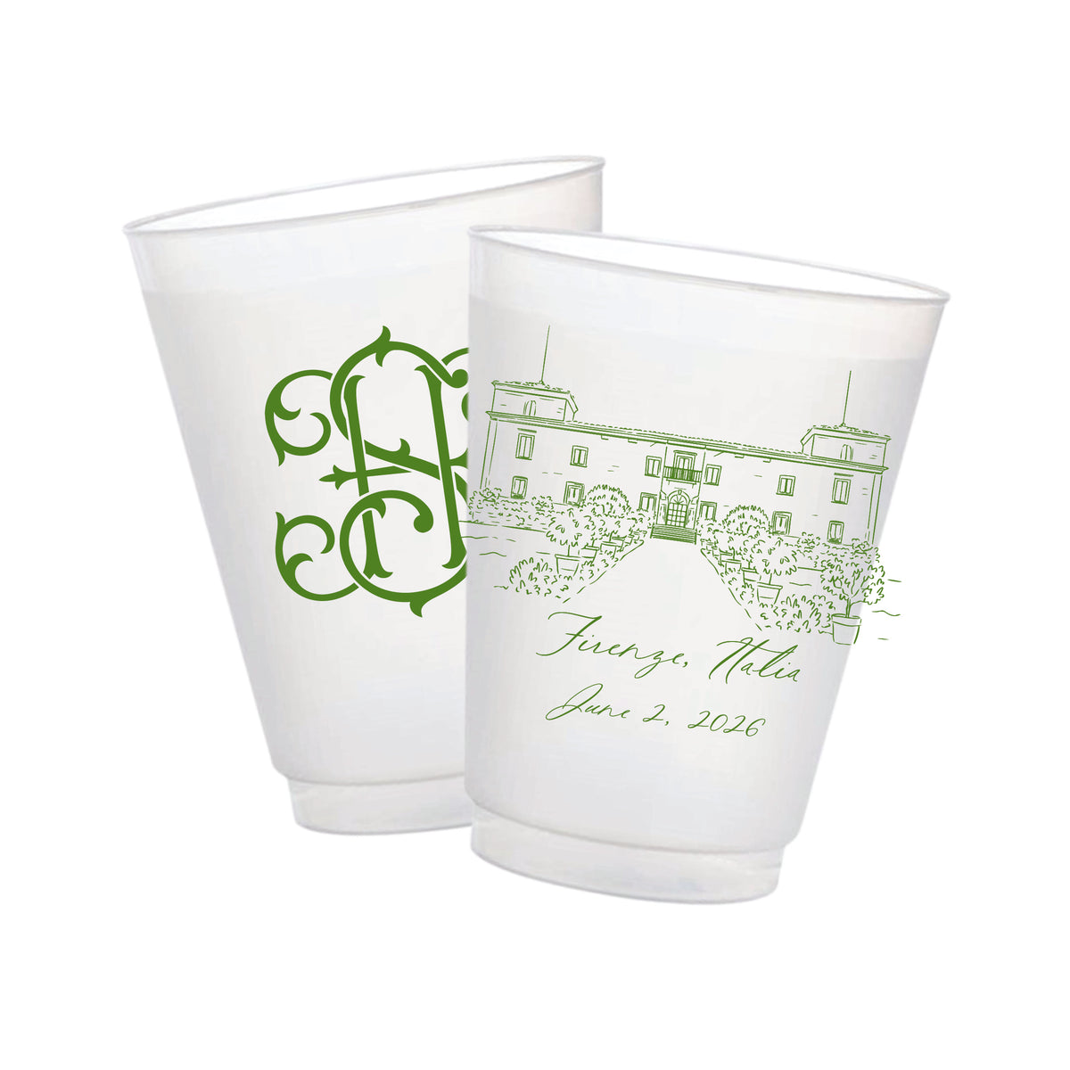 Custom 16-ounce frosted wedding cups with venue illustration, names and date. Monogram