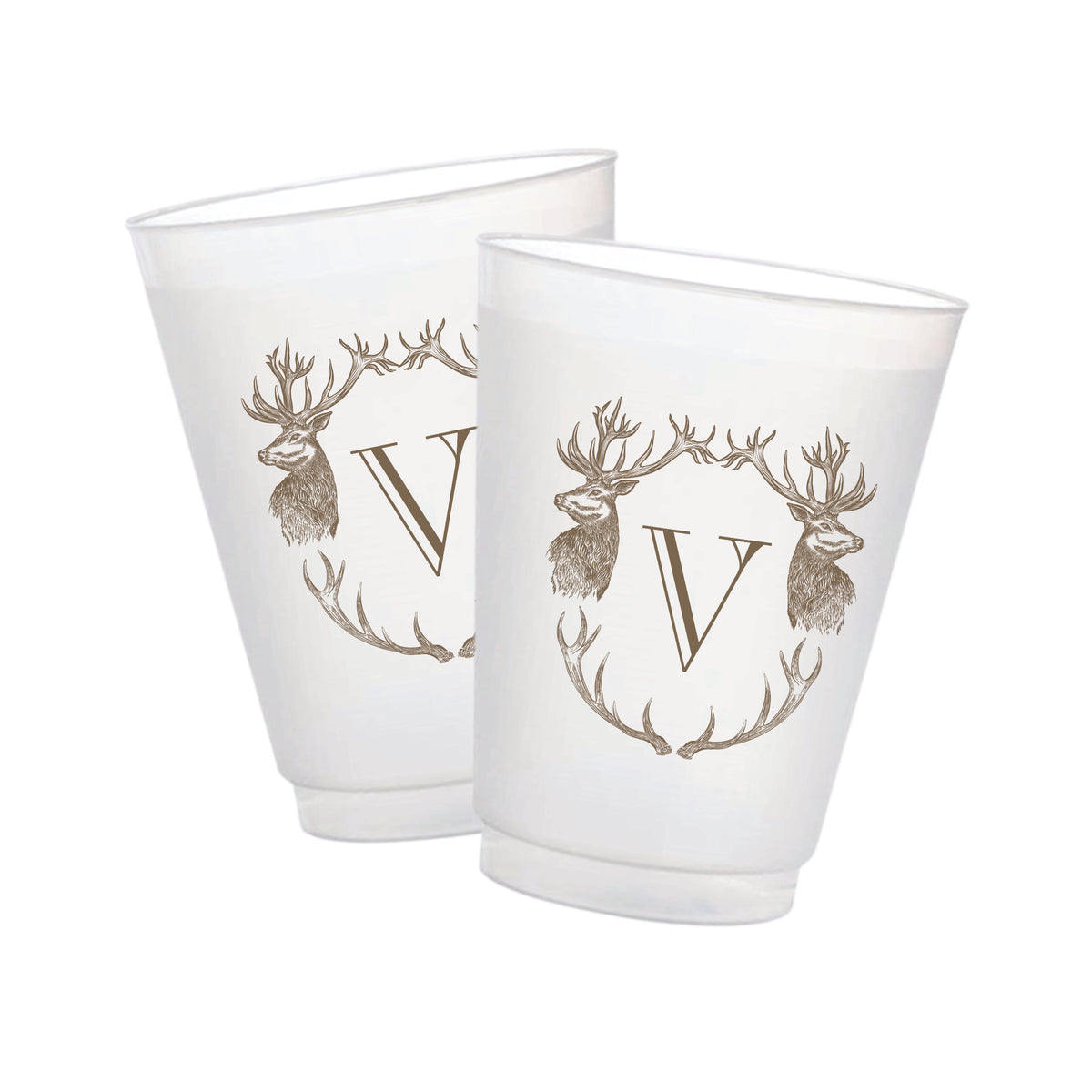 Personalized 16-ounce frosted cups with stag and custom monogram