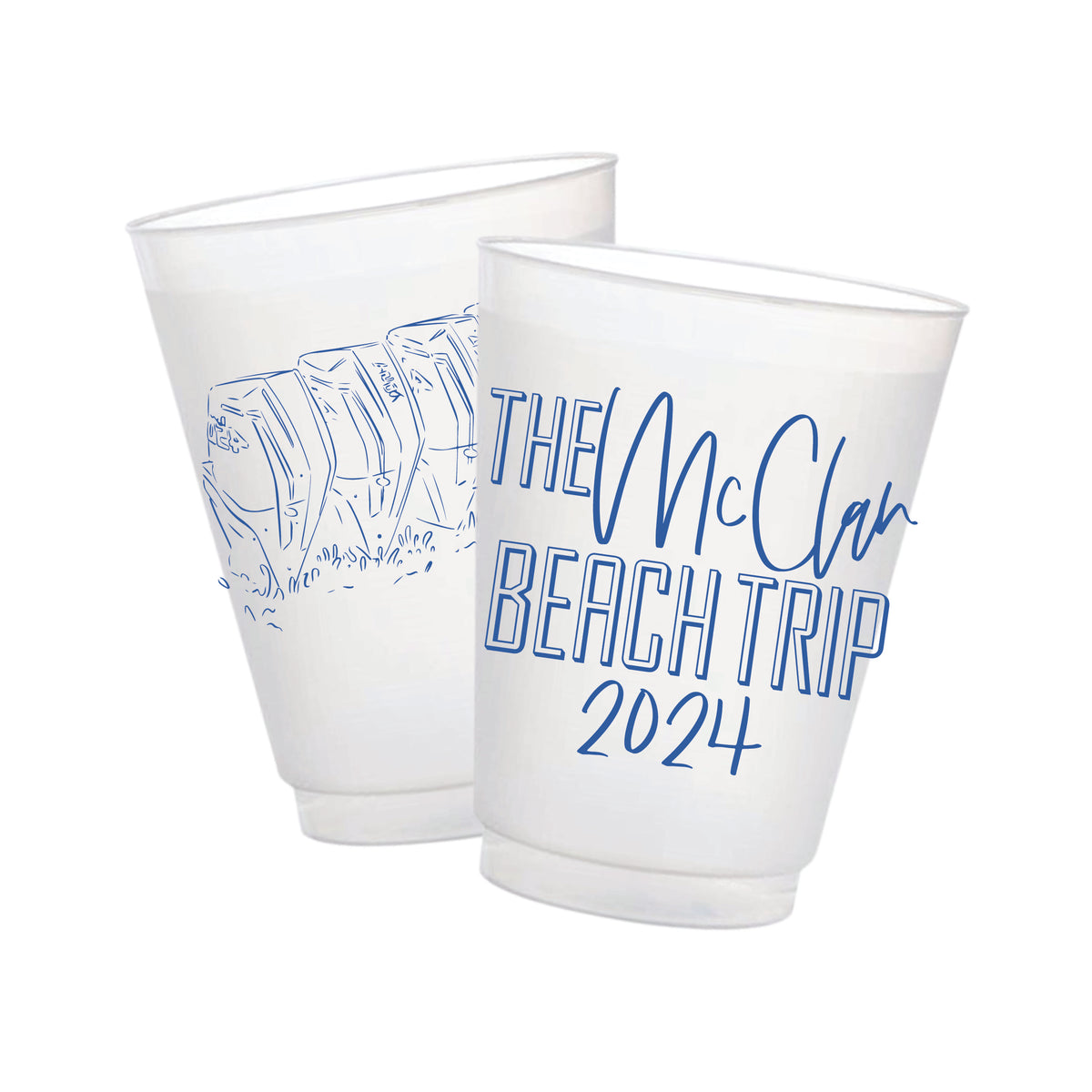 Personalized family beach trip frosted cups with boat motor or custom boat illustration