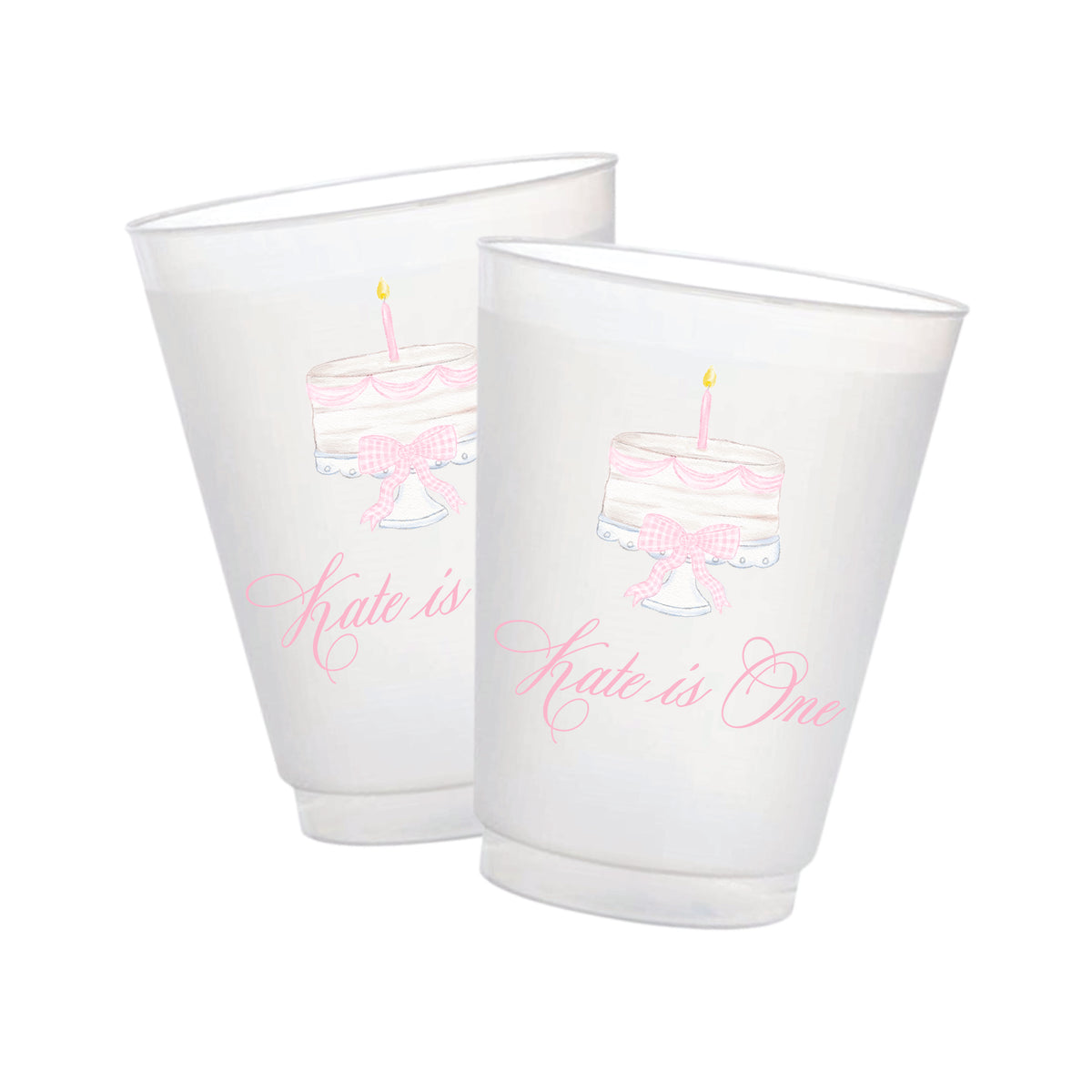 Personalized pink first birthday cake frosted cups