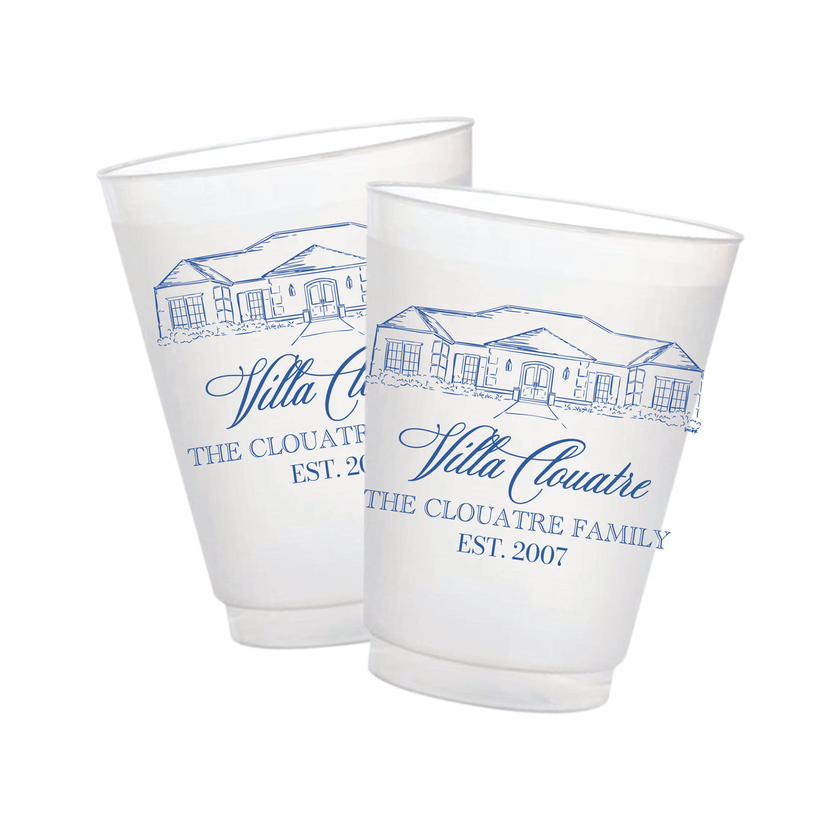 Personalized frosted cups featuring a custom line illustration of a family home with family name and established year.