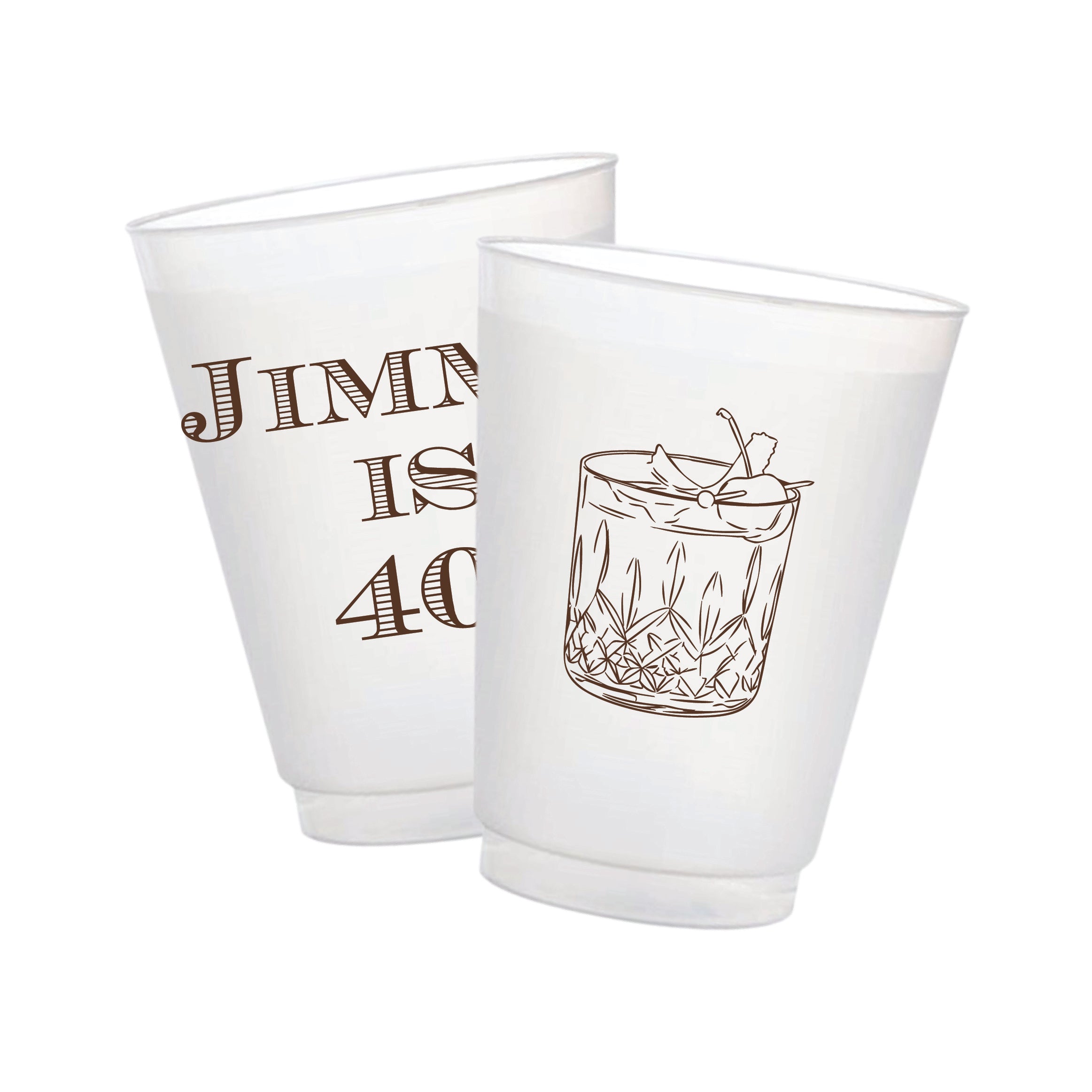 Personalized birthday frosted cups featuring a custom name and age with an illustrated Old Fashioned cocktail