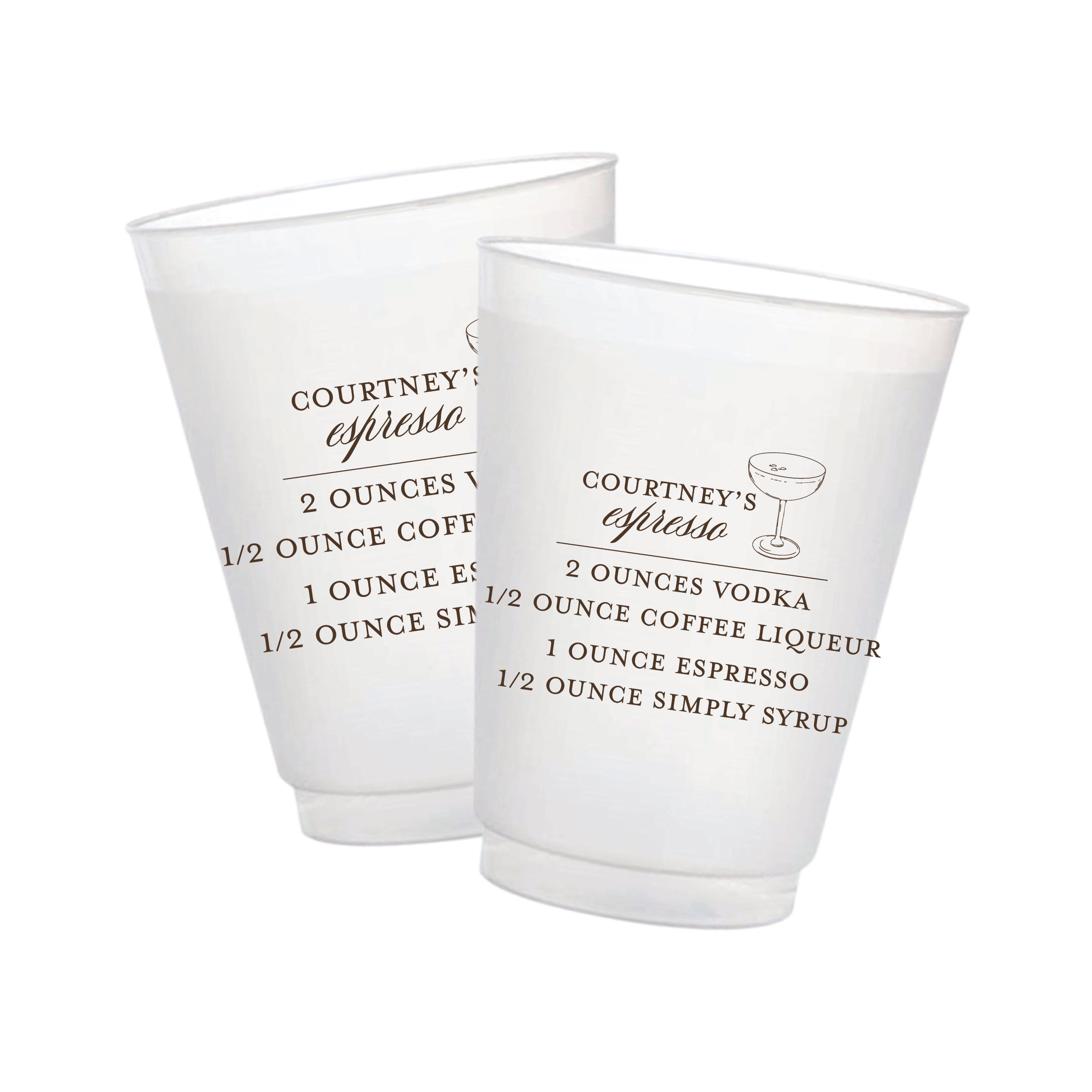 Personalized frosted cocktail cups featuring a custom espresso cocktail recipe, name and coupe glass illustration.