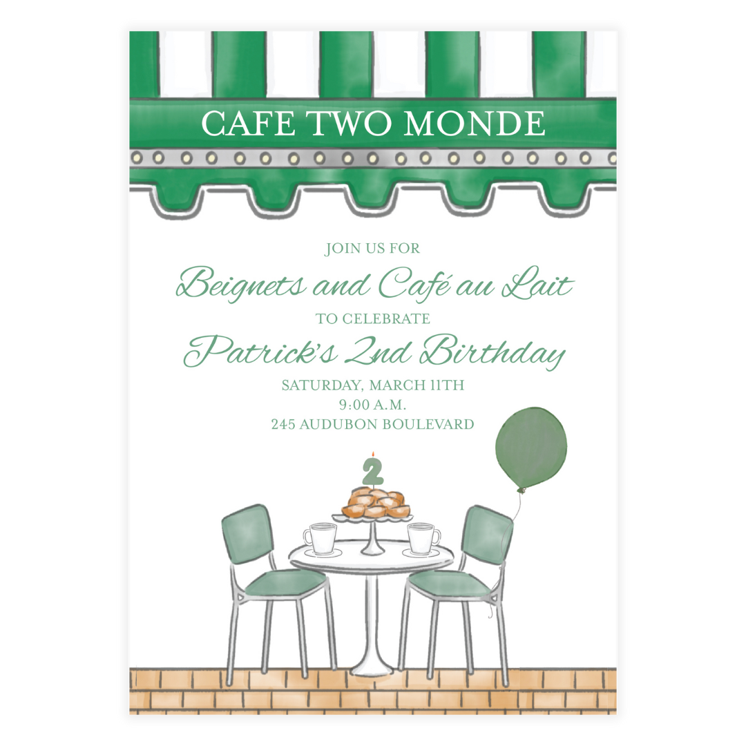 New Orleans beignet and café themed second birthday invitation
