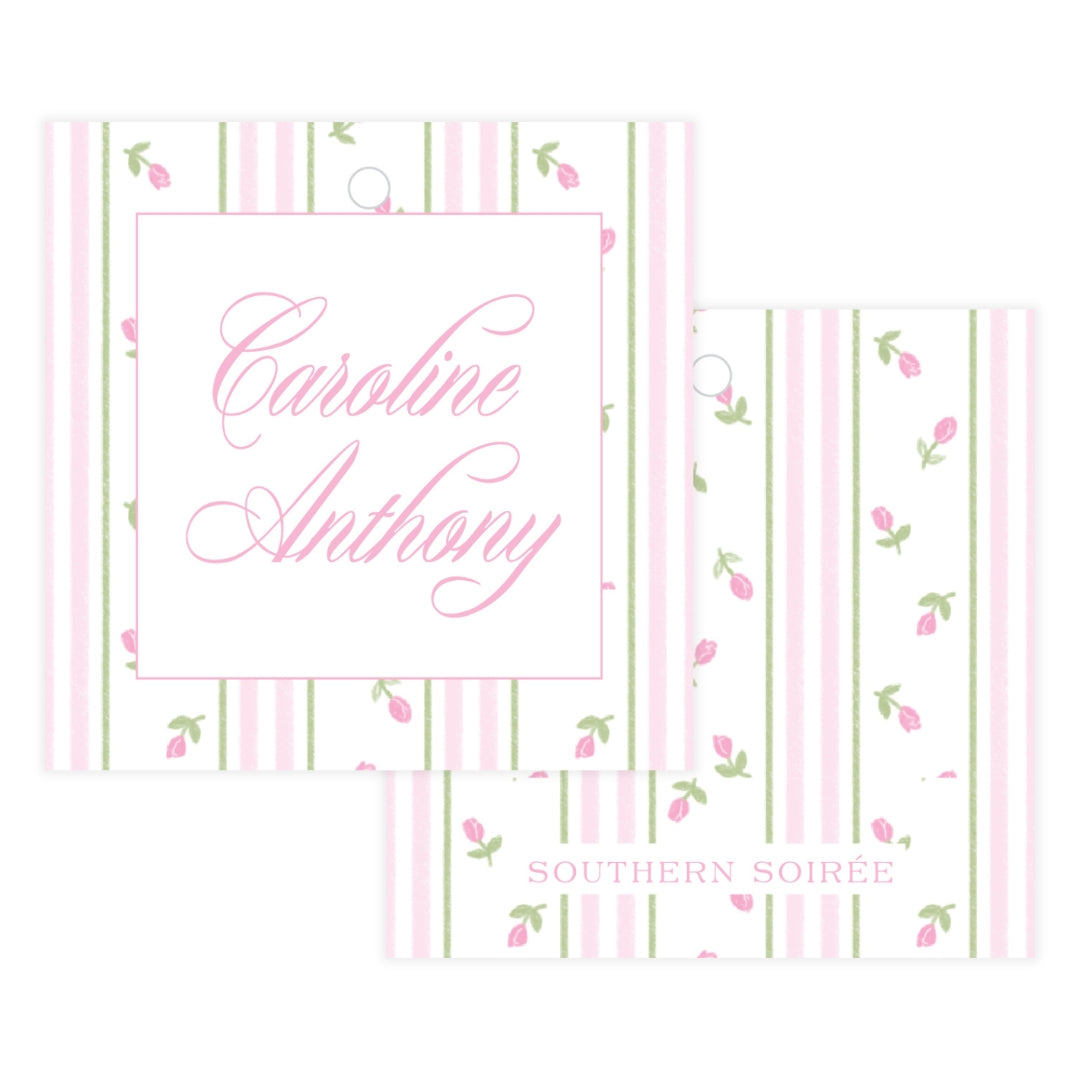 Pink Rosebud Stripe Square Gift Tag
