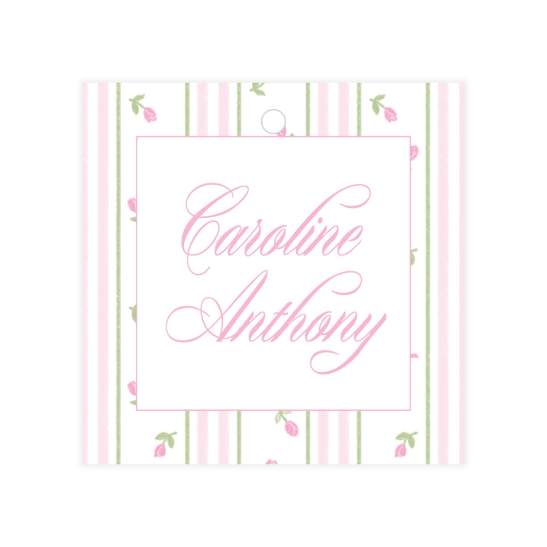 Pink Rosebud Stripe Square Gift Tag