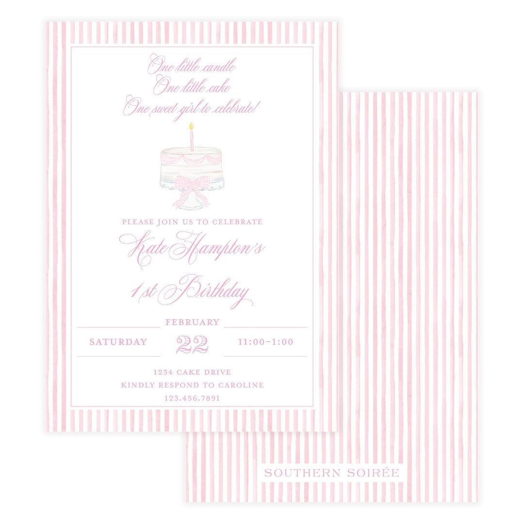 One Little Candle, One Little Cake Pink Striped Invitation
