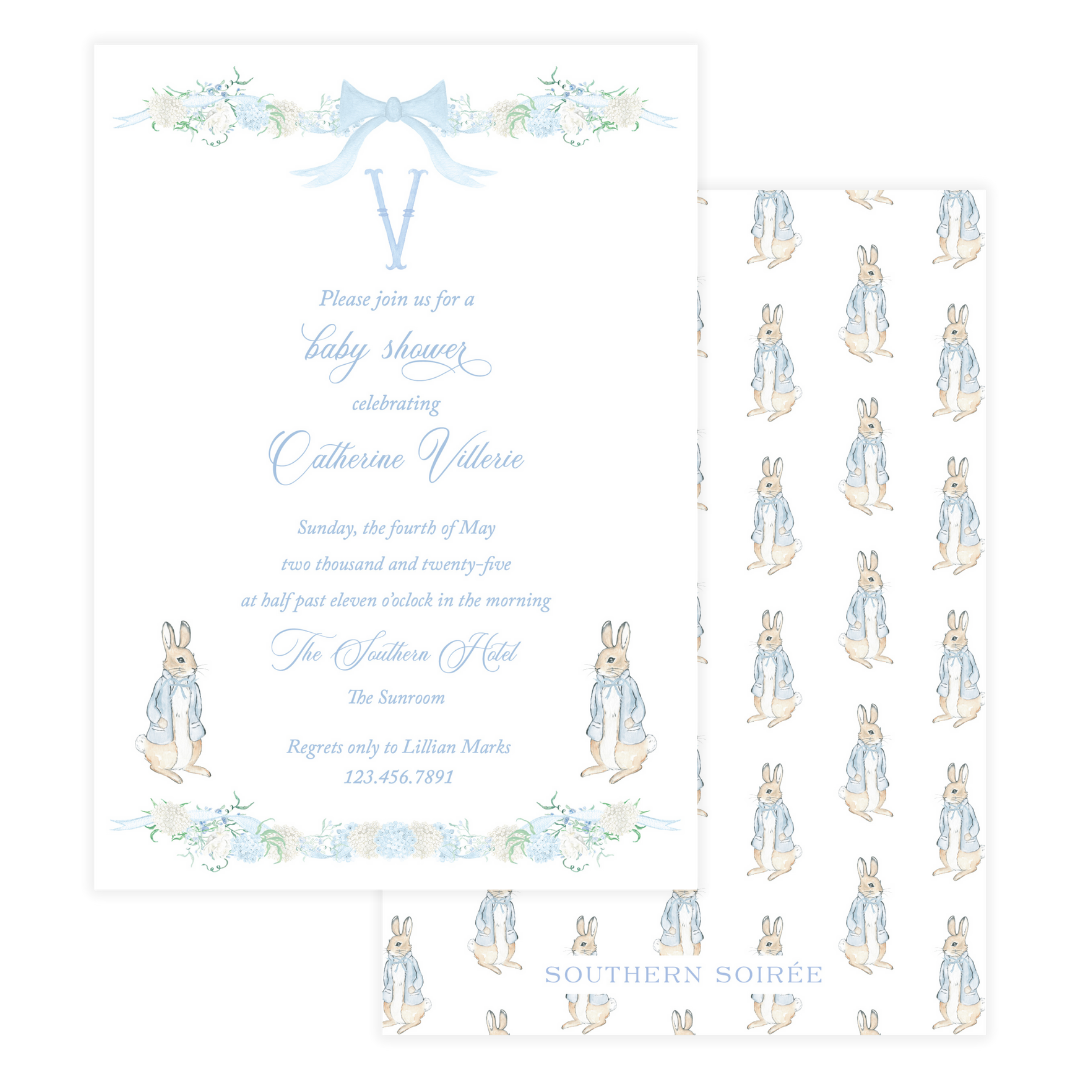 Peter Rabbit with Florals personalized baby shower invitation