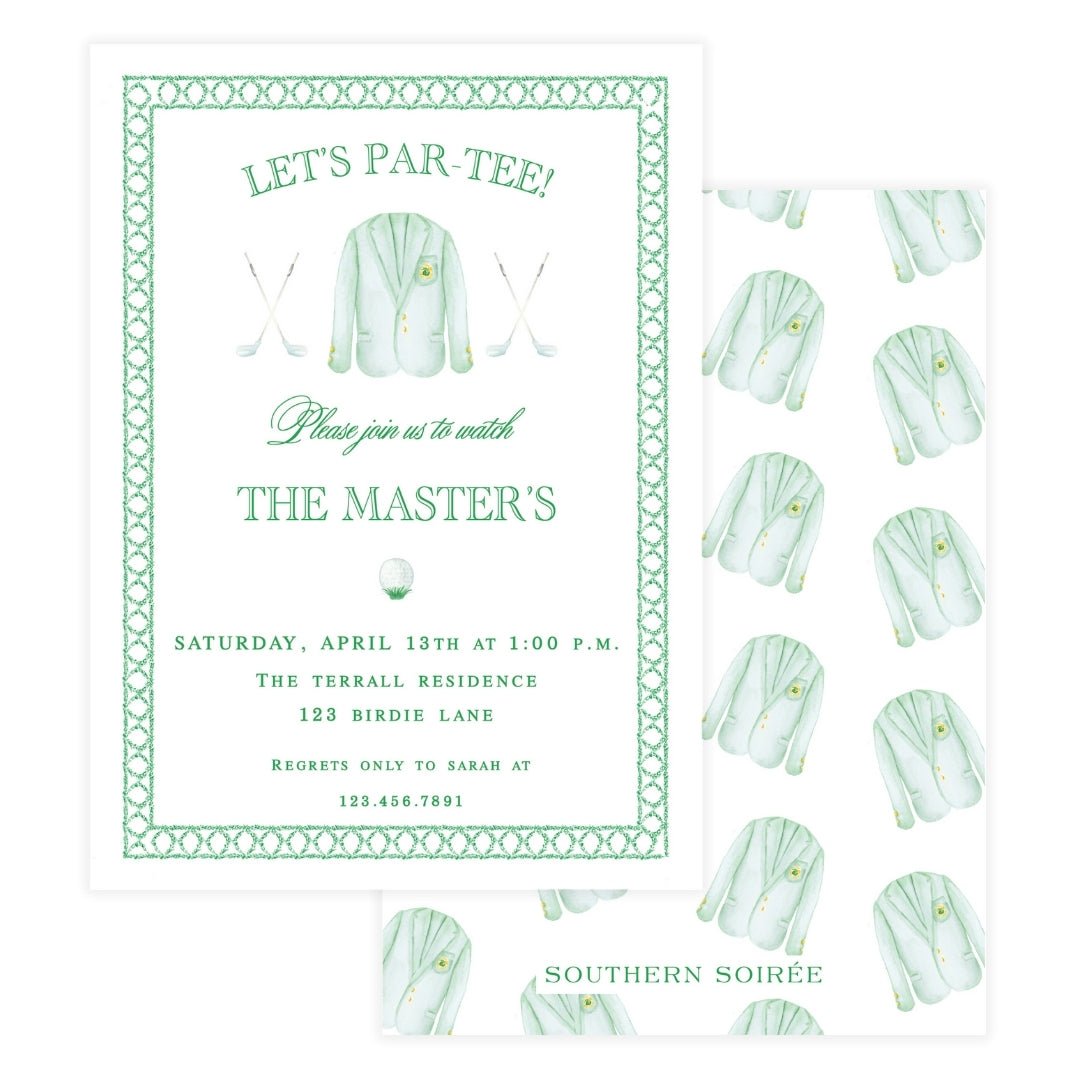Green jacket golf tournament viewing party invitation