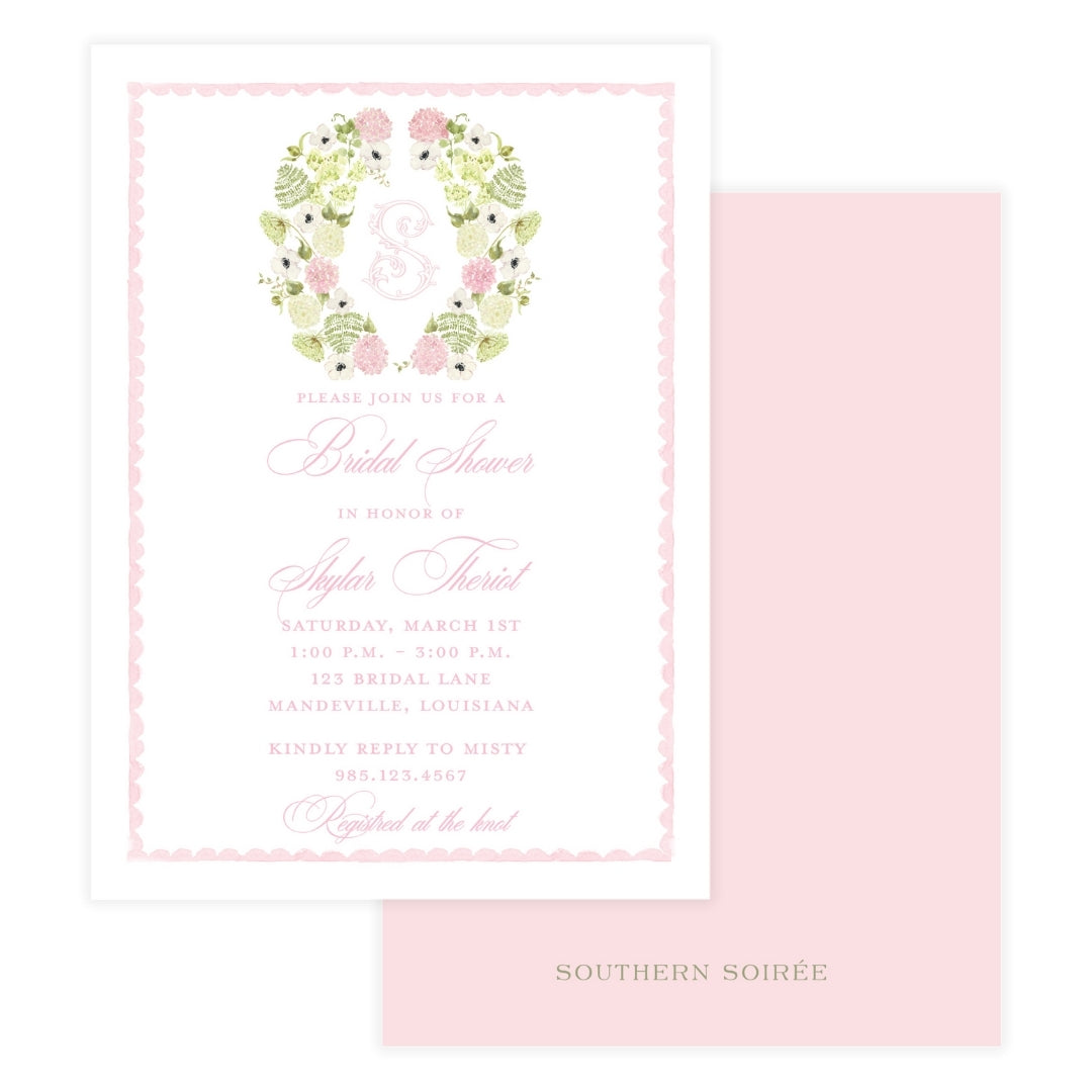Pink hydrangea monogram bridal shower invitation with floral wreath