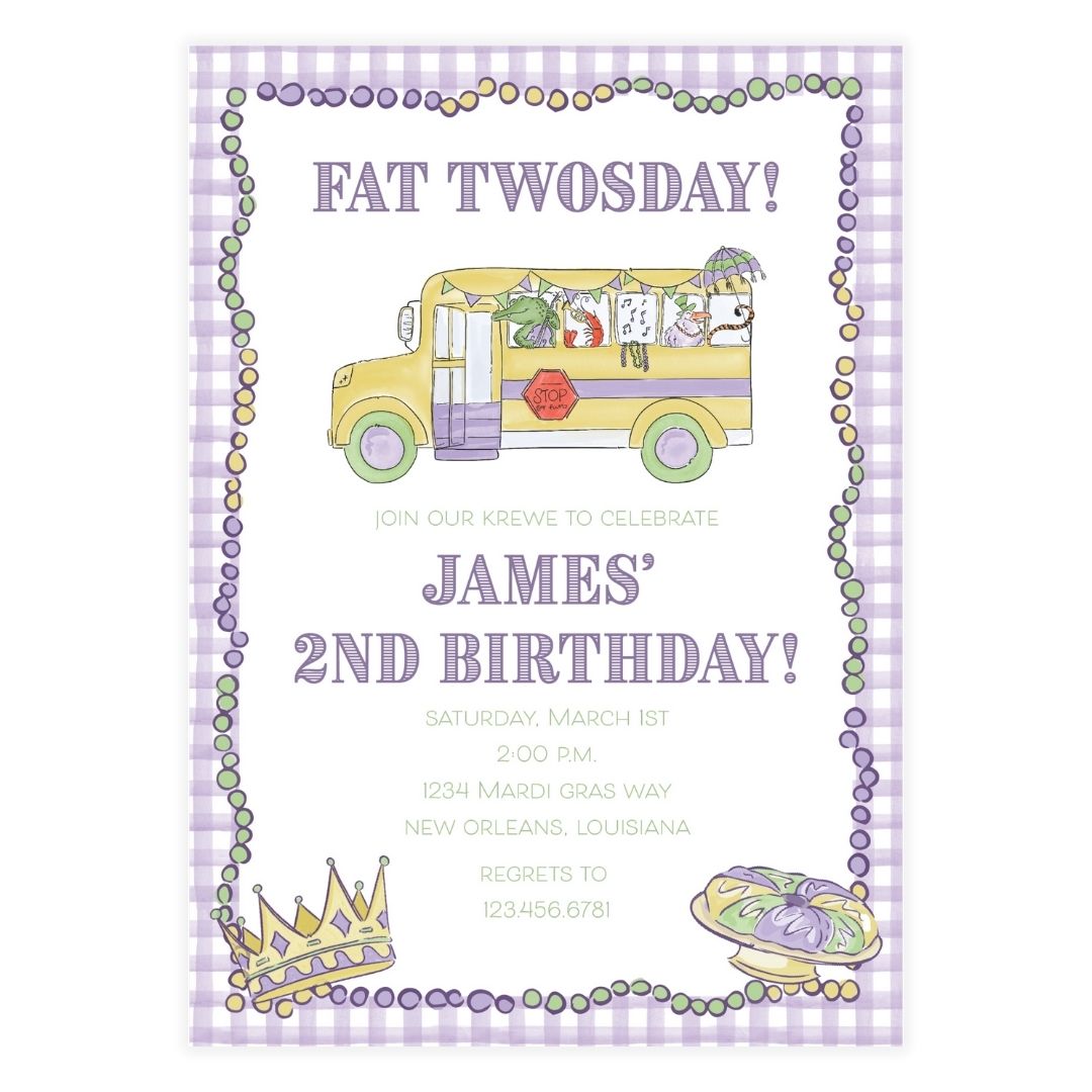 Fat TWOsday Mardi Gras Bus Striped Invitation
