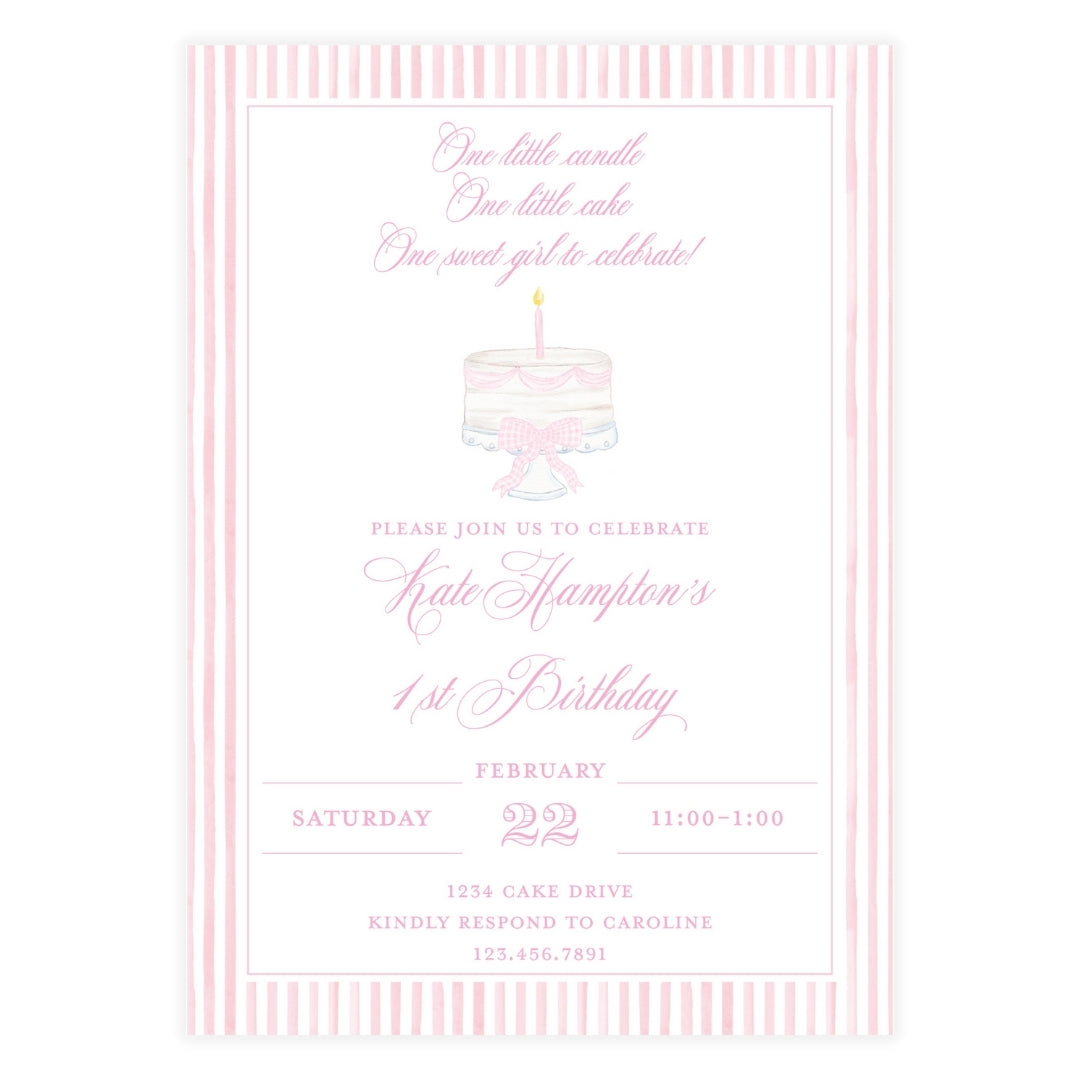 One Little Candle, One Little Cake Pink Striped Invitation