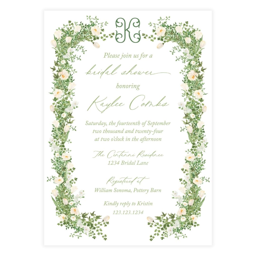White Floral with Greenery Frame Invitation