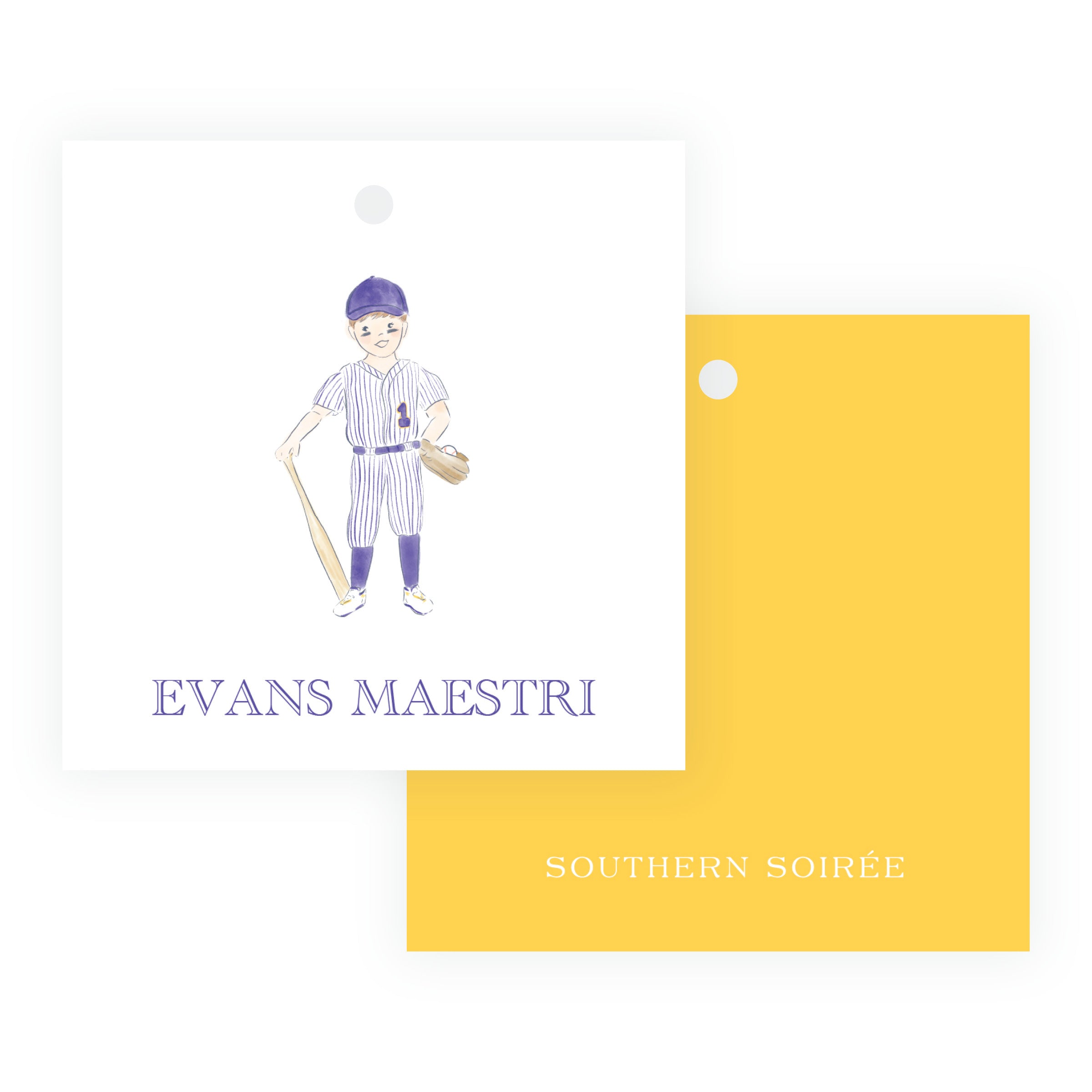 Purple and Gold Baseball Square Gift Tags – Team Spirit