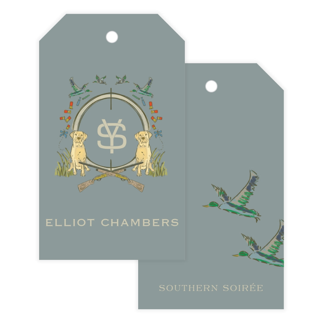 Yellow Lab Duck Hunting Blue Crest Gift Tag