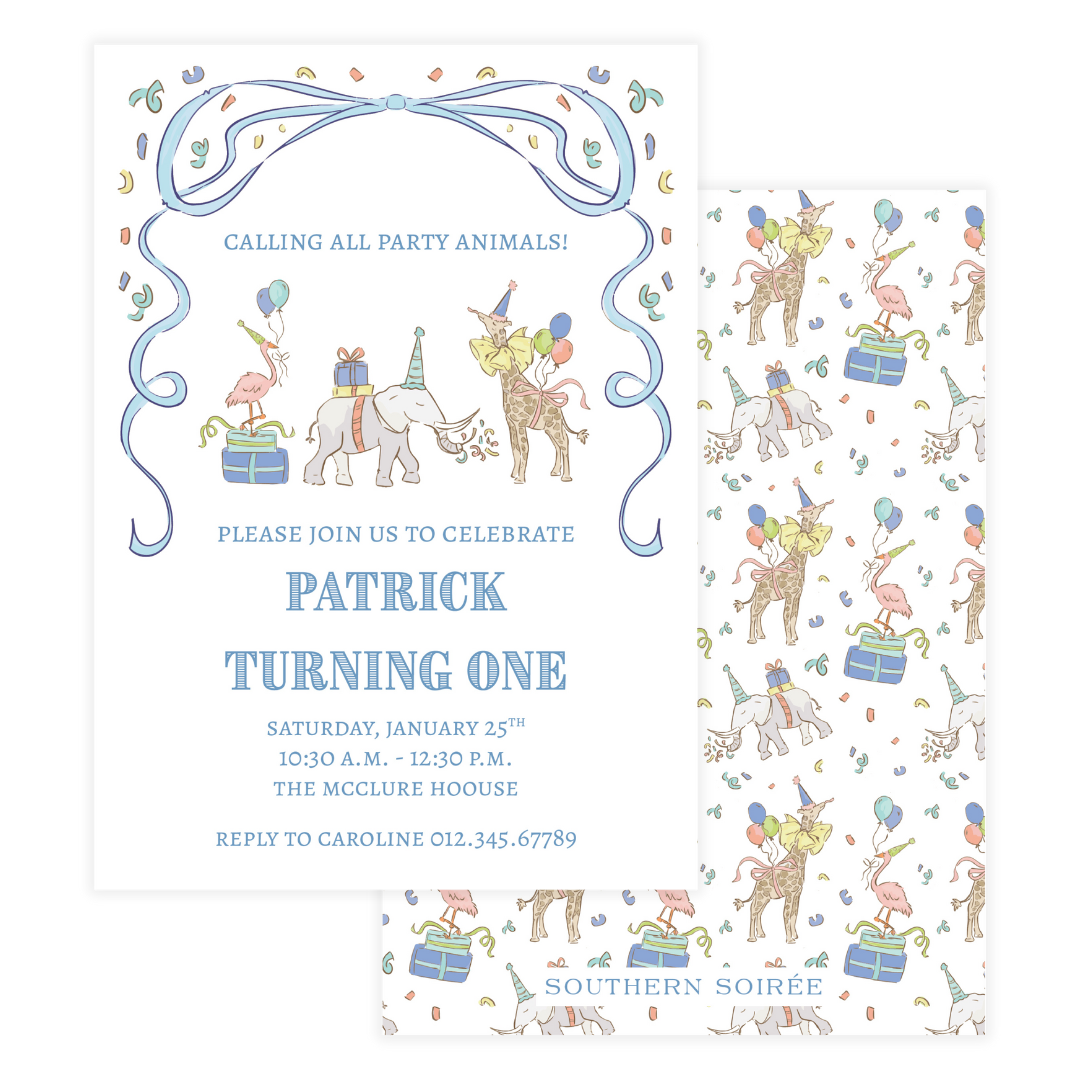 Blue Small Party Animals Invitation