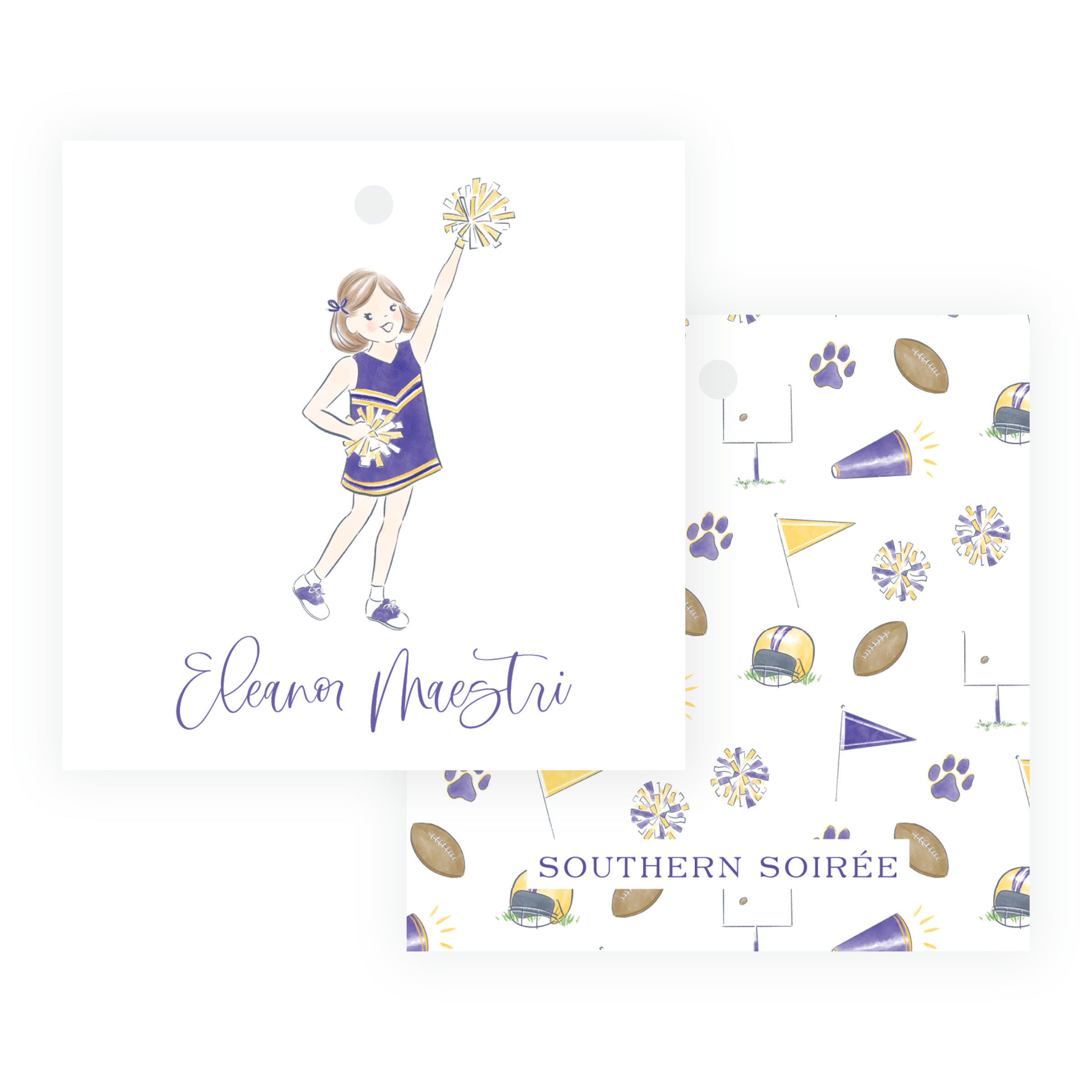 Personalized purple and gold cheerleader square hanging gift tag with pom-poms and custom wording