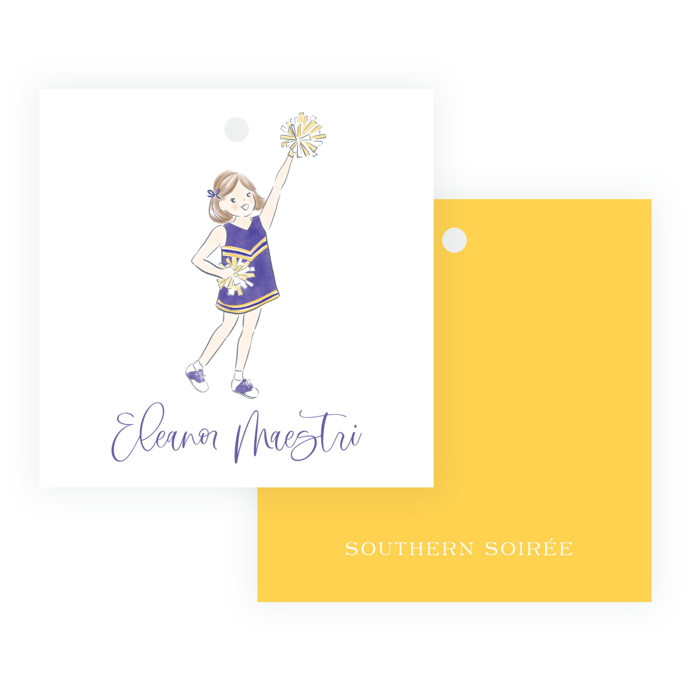 Purple and Gold Cheerleader Square Gift Tags – Team Spirit