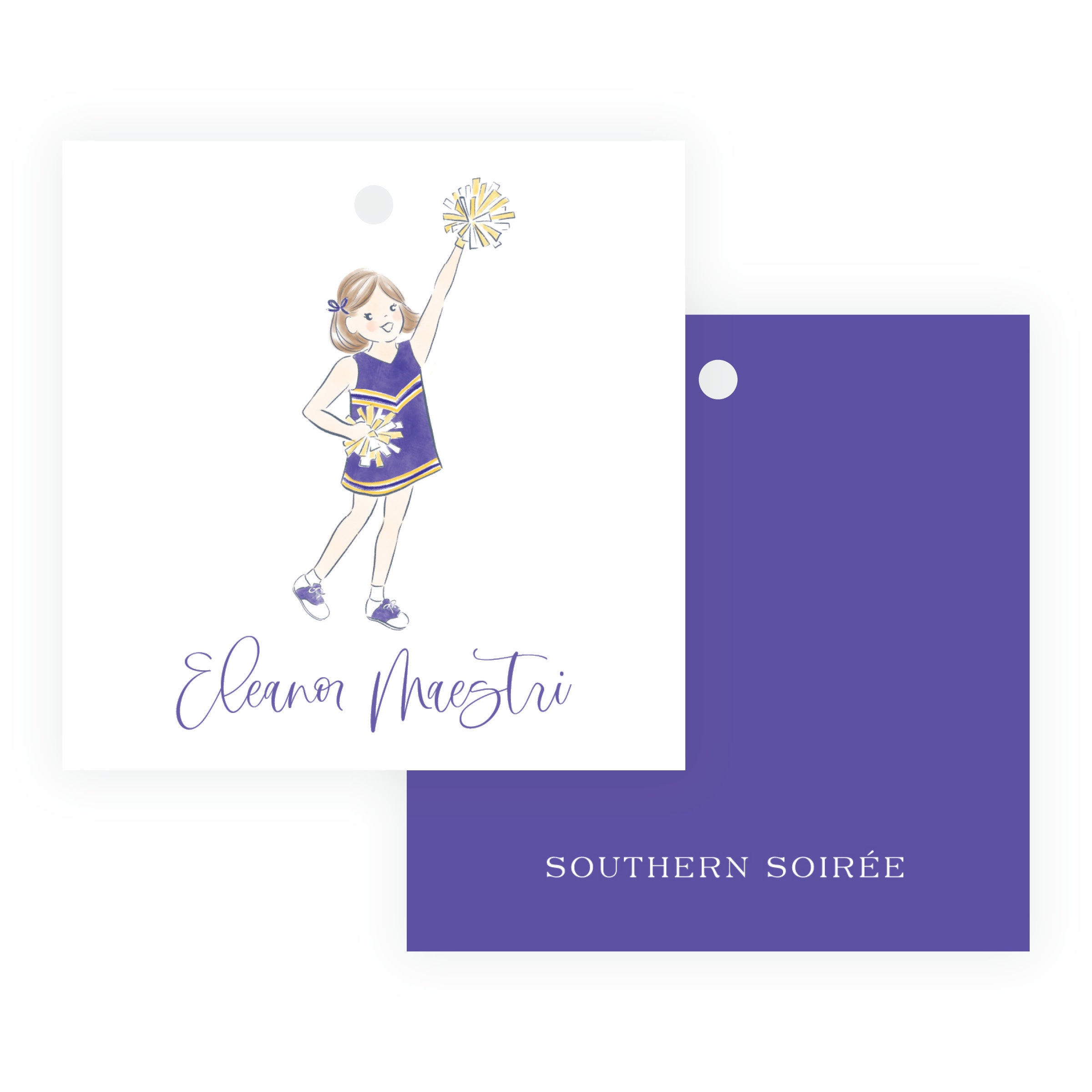 Purple and Gold Cheerleader Square Gift Tags – Team Spirit