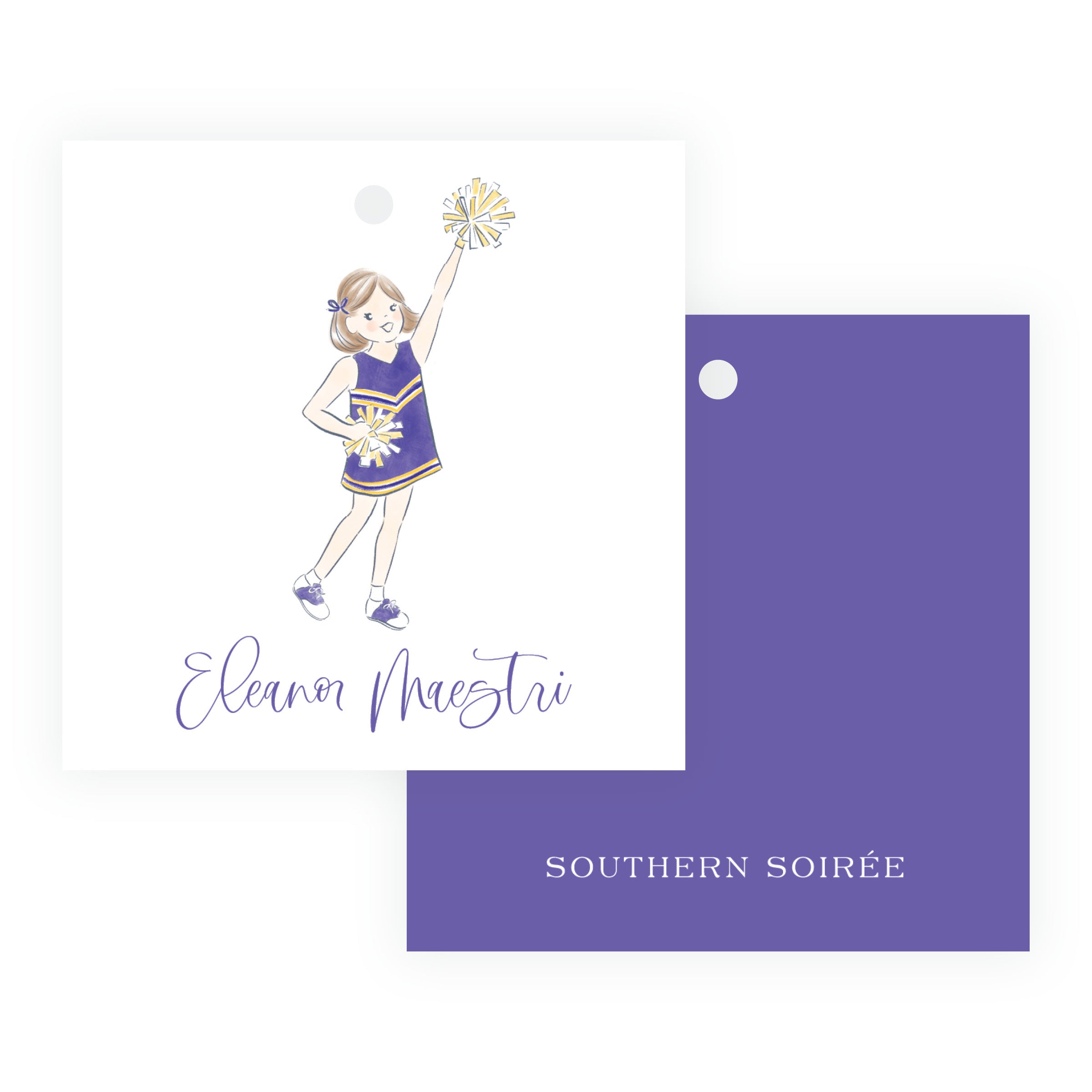 Purple and Gold Cheerleader Square Gift Tags – Team Spirit