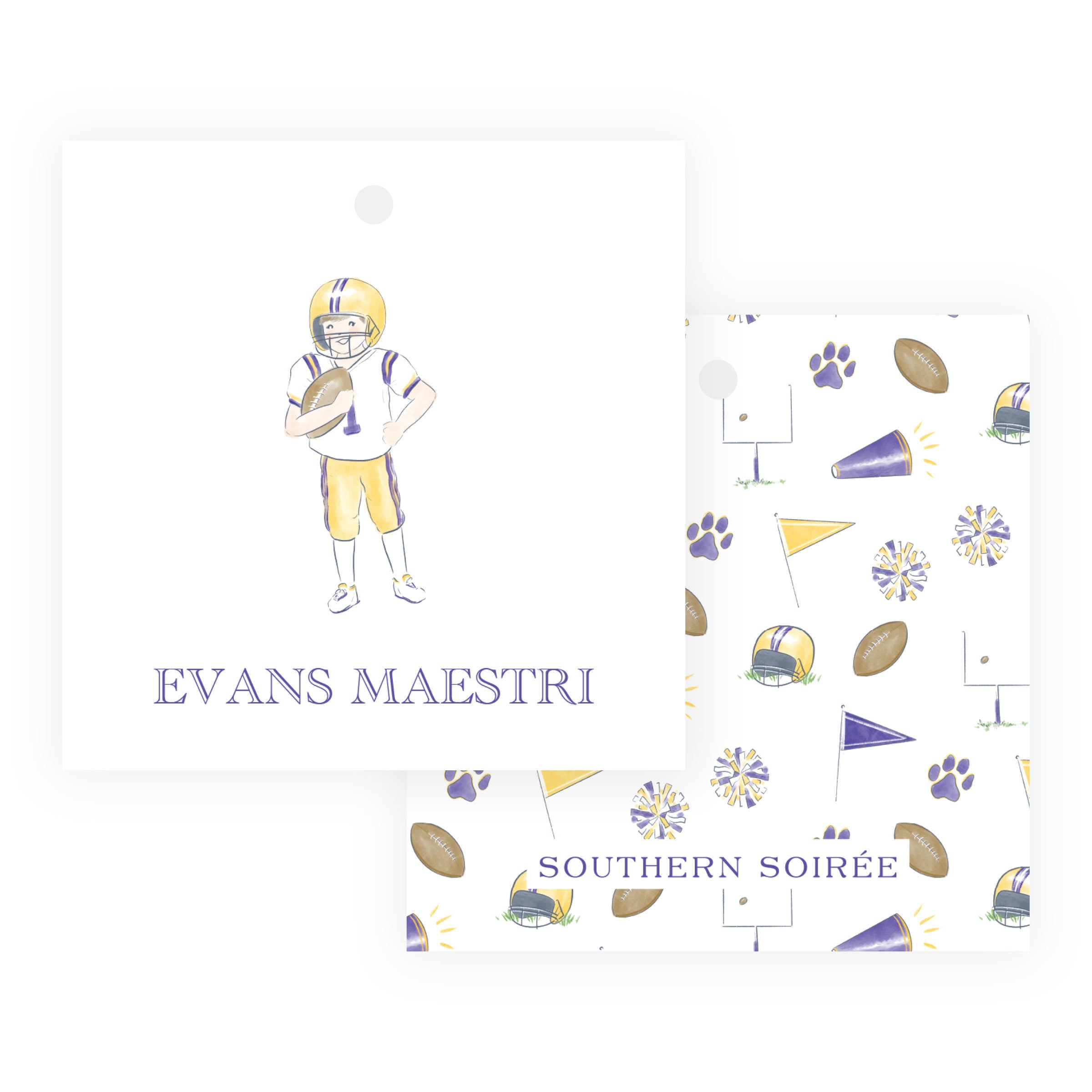 Personalized purple and gold marching band drummer square hanging gift tag with custom wording