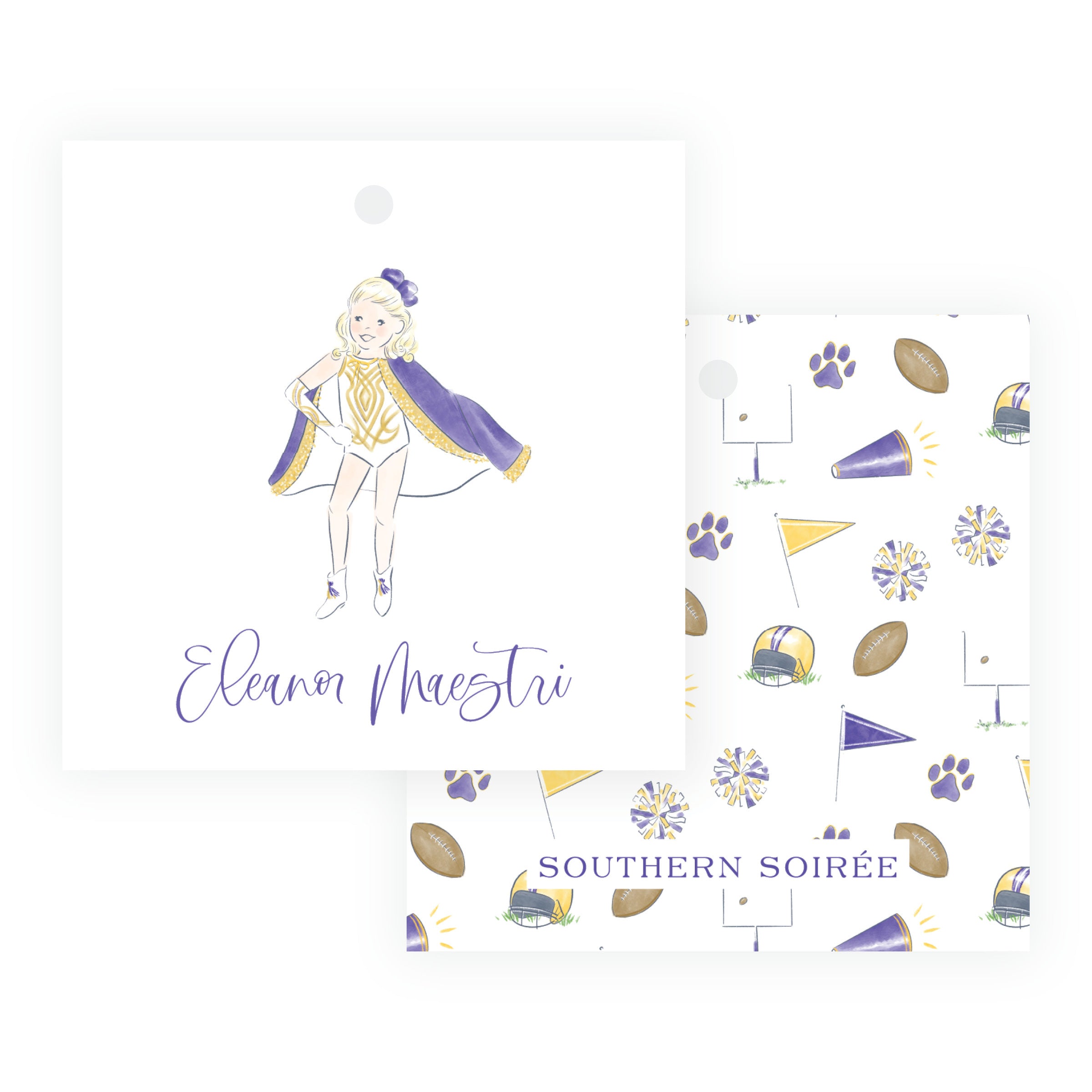 Personalized purple and gold dance team square hanging gift tag with game day dancer and custom wording