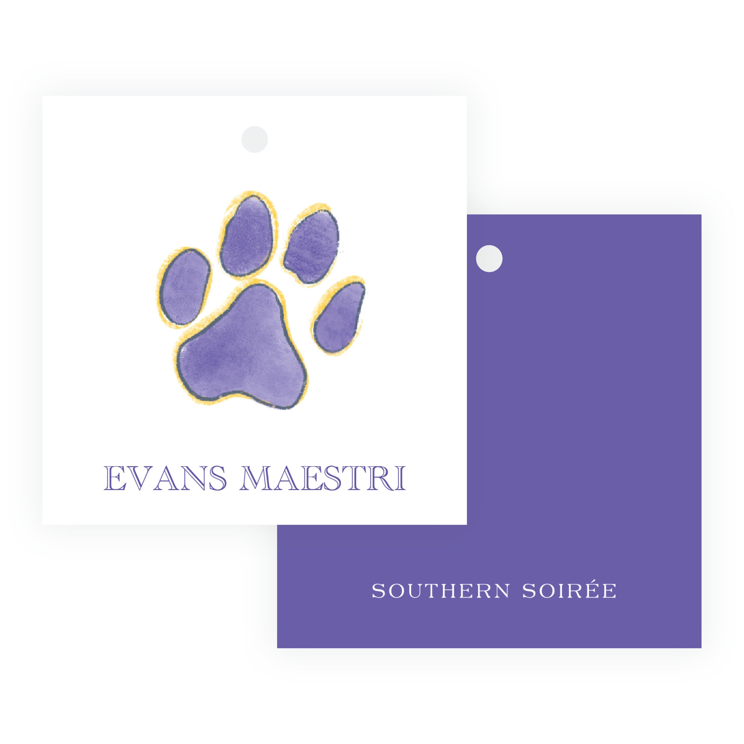 Purple & Gold Team Spirit Paw Print Square Gift Tag