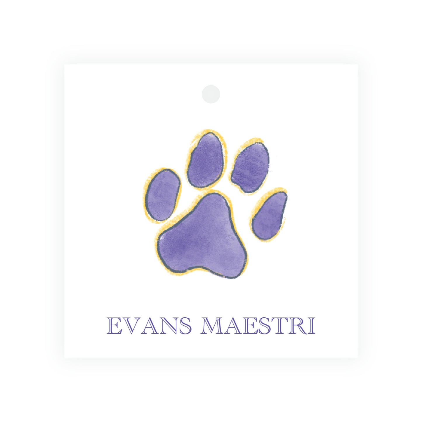 Purple & Gold Team Spirit Paw Print Square Gift Tag
