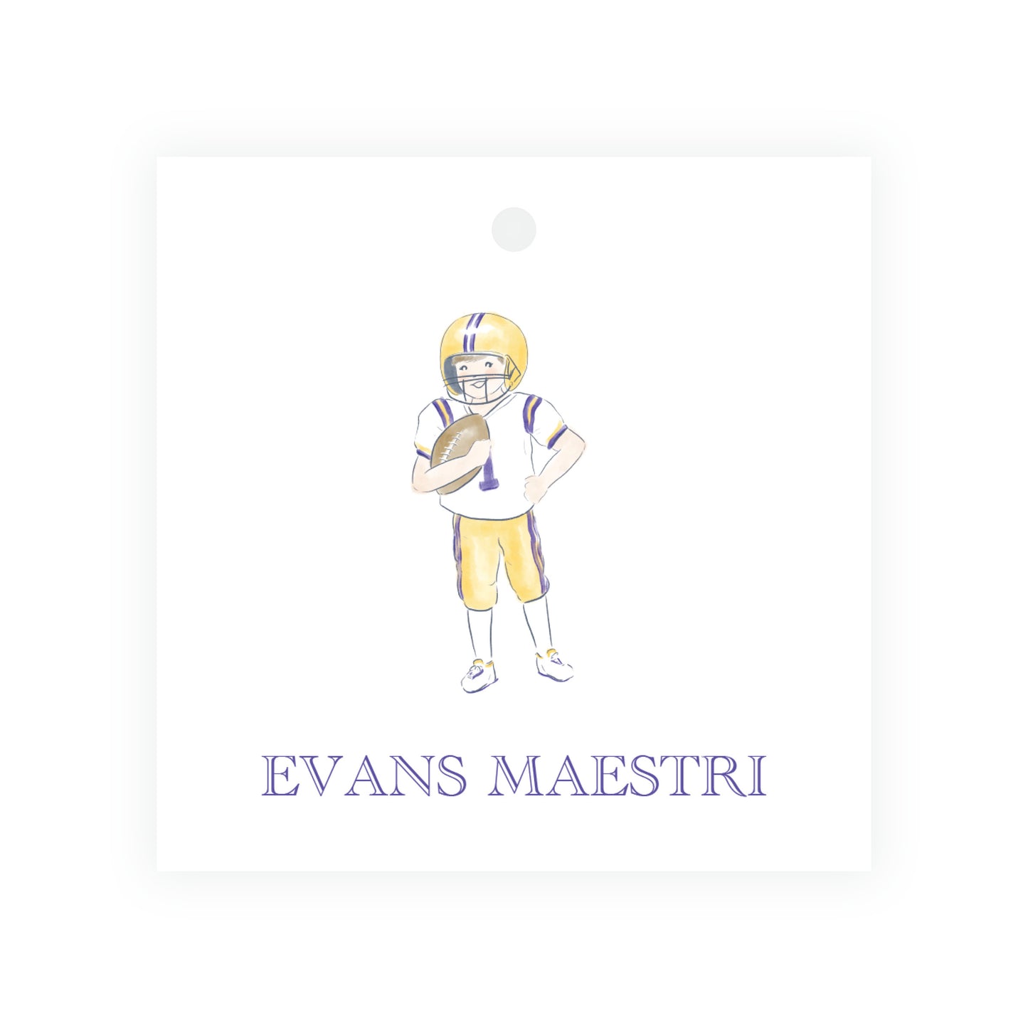 Purple & Gold Team Spirit Football Player Square Gift Tag
