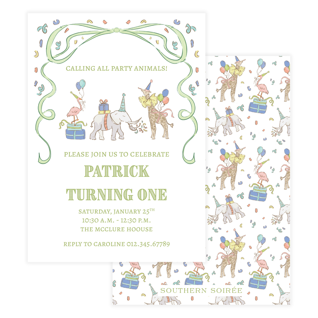 Green Small Party Animals Invitation
