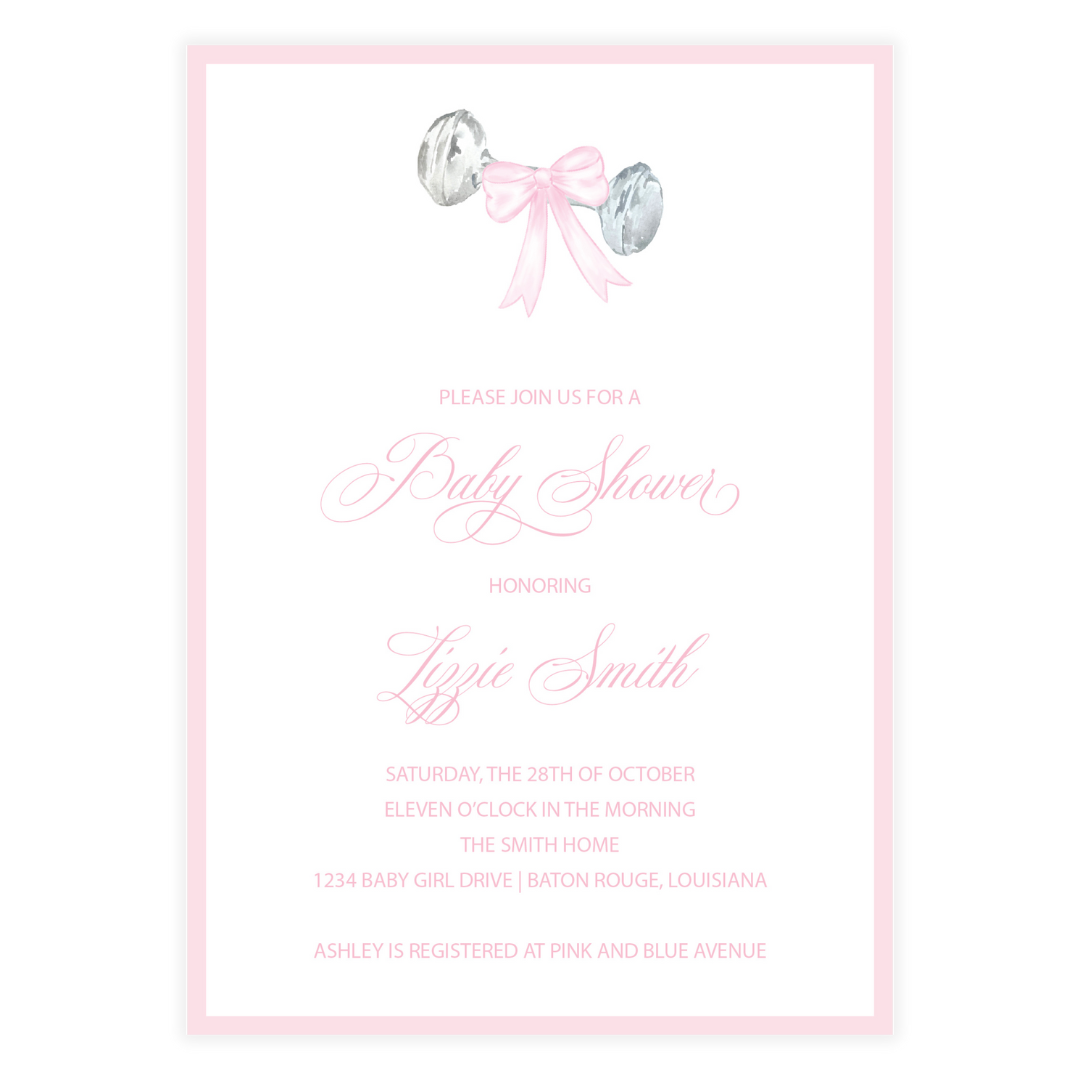 Rattle and Pink Bow Invitation