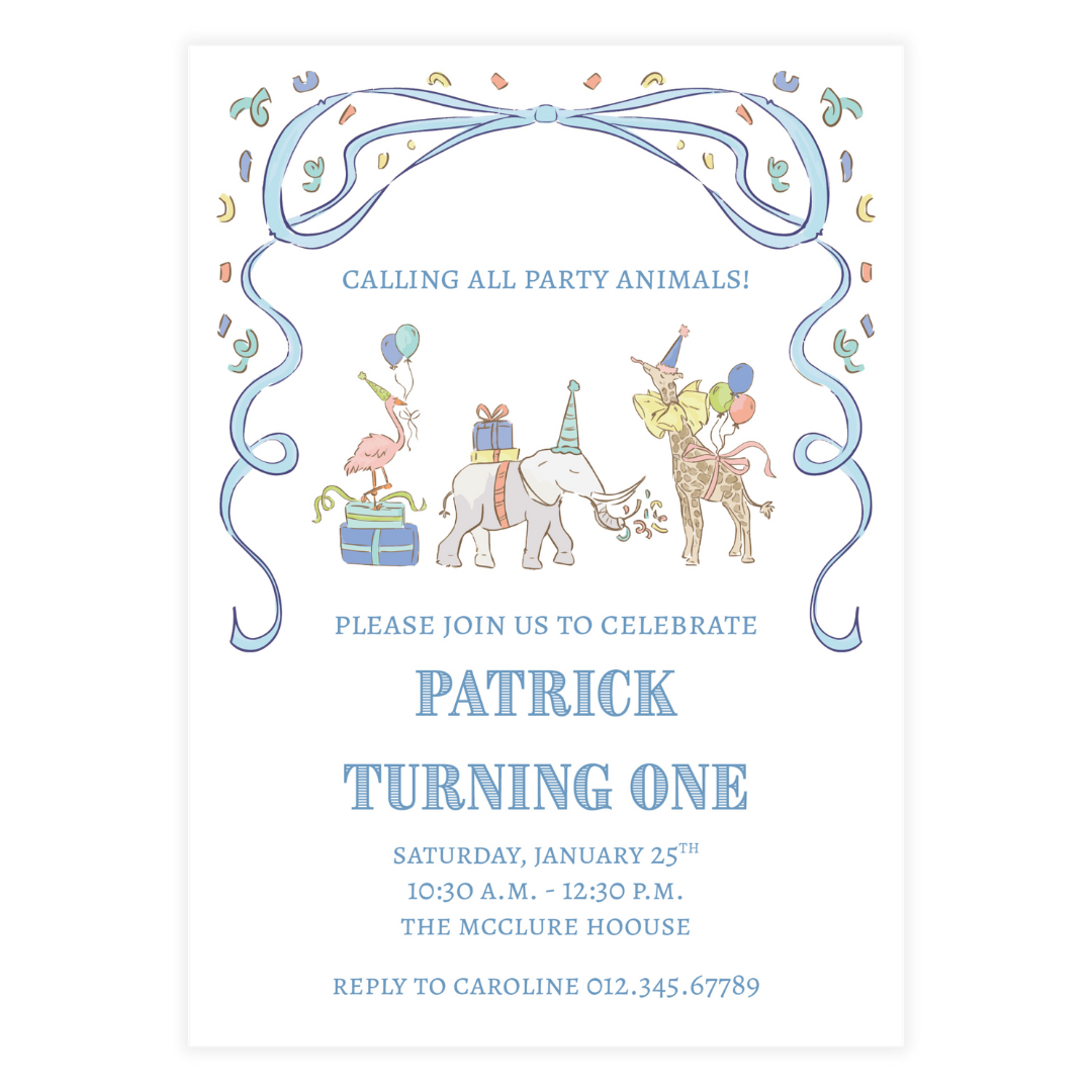 Blue Small Party Animals Invitation