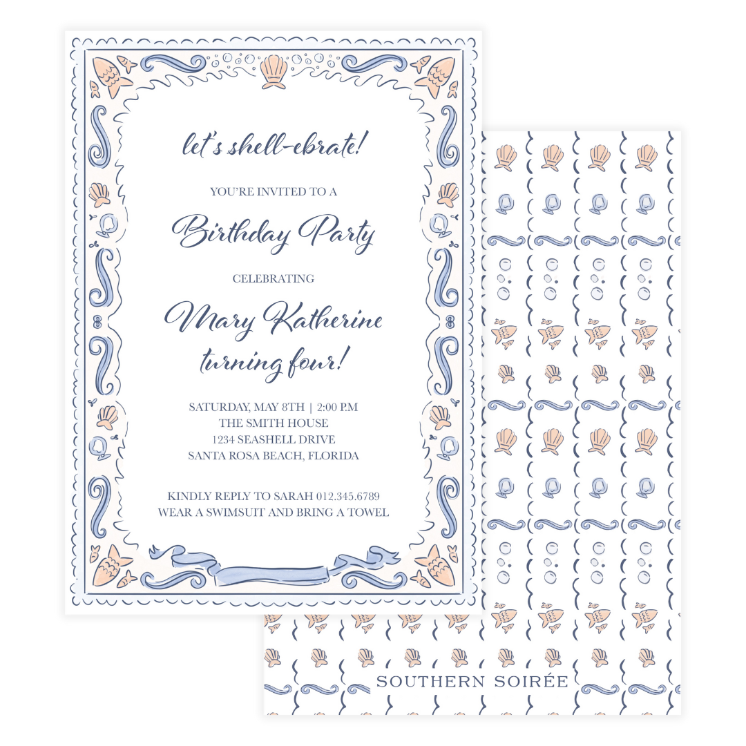 Seashell coastal birthday invitation with blue ocean artwork