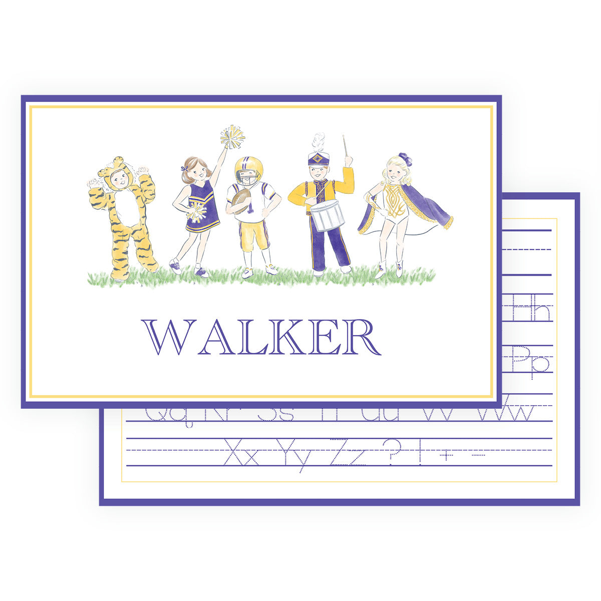 Personalized football placemat for kids with purple and gold watercolor tiger, cheerleader, football player, drummer and majorette