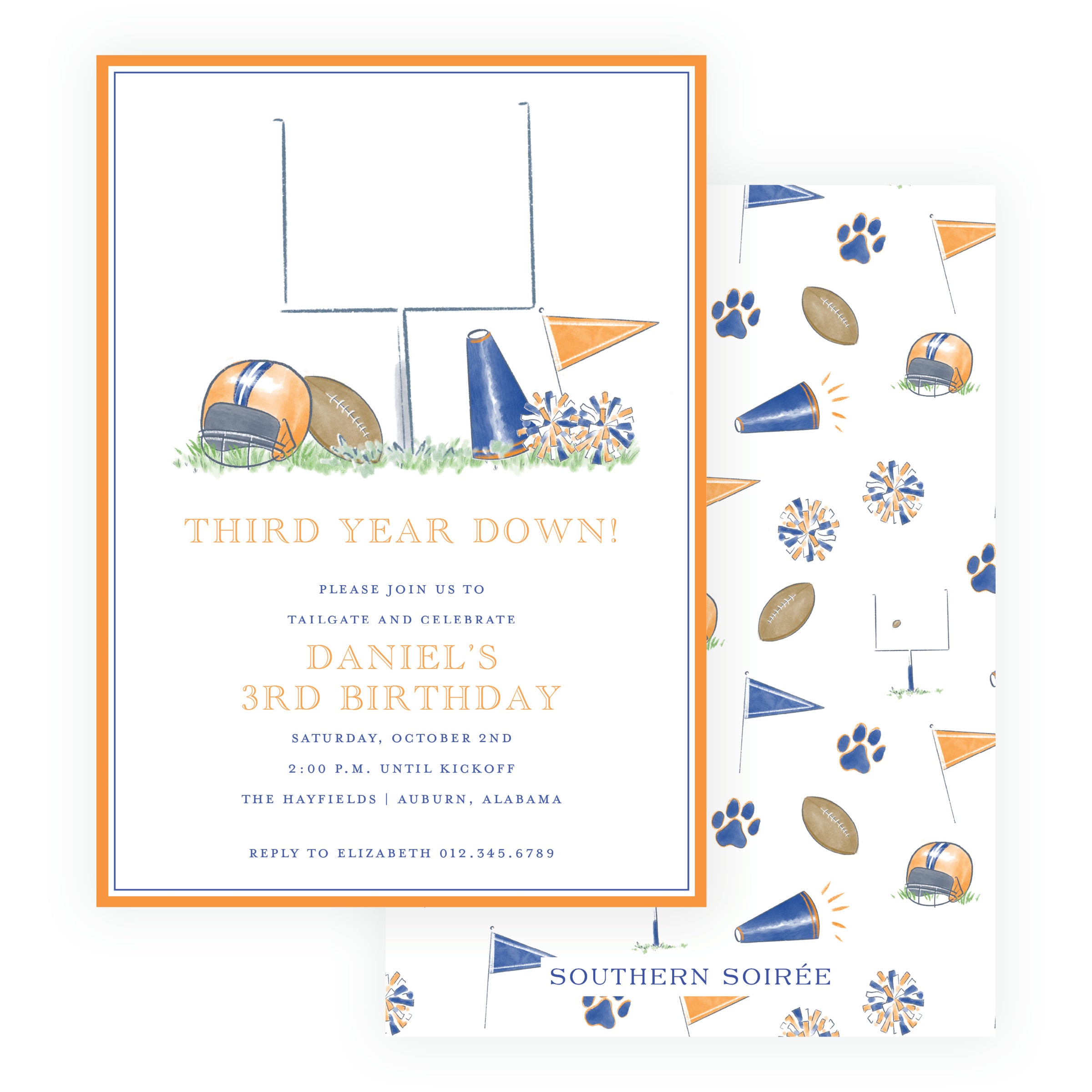 Orange and navy football equipment birthday invitation for a game-day party
