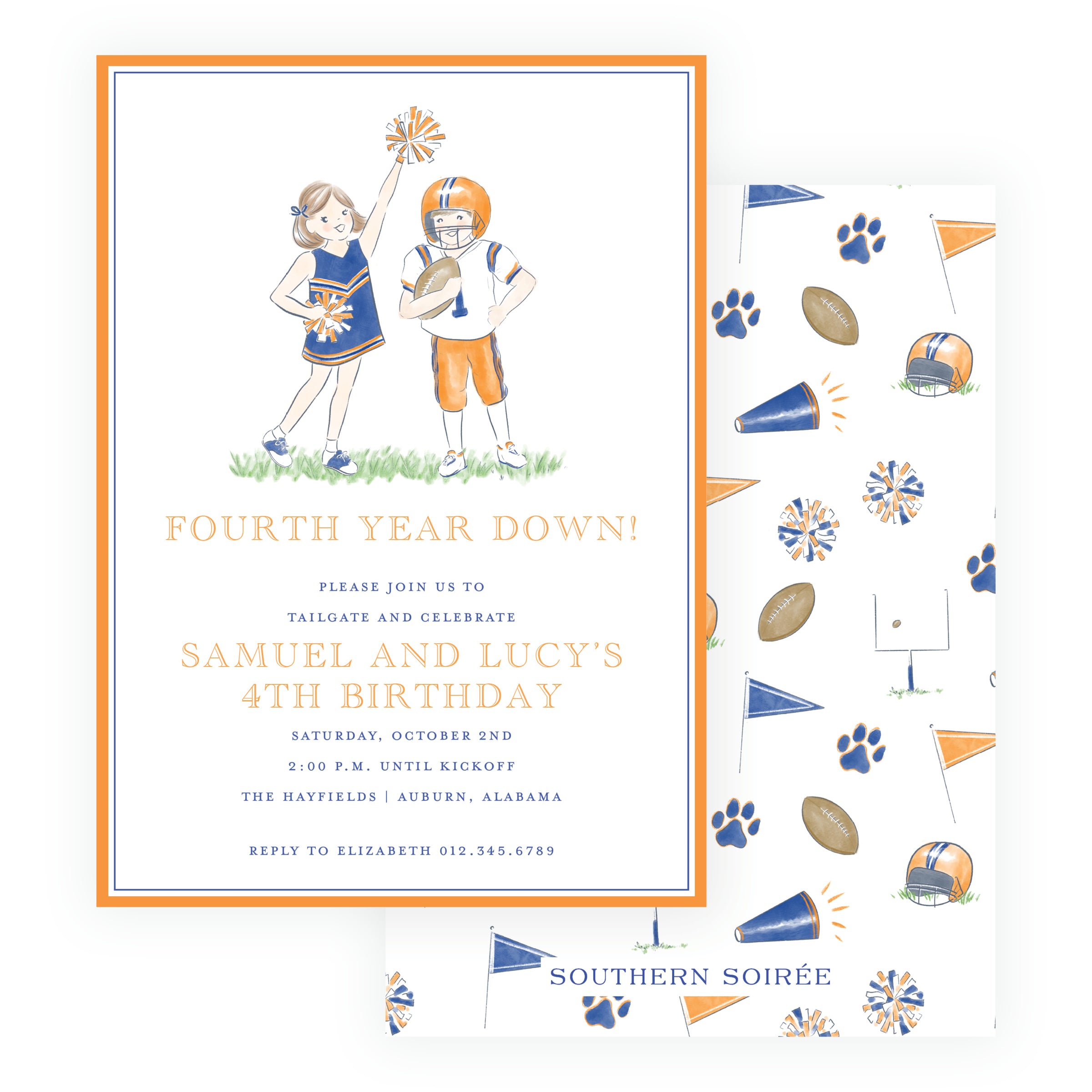 Orange and navy football equipment birthday invitation for a game-day party