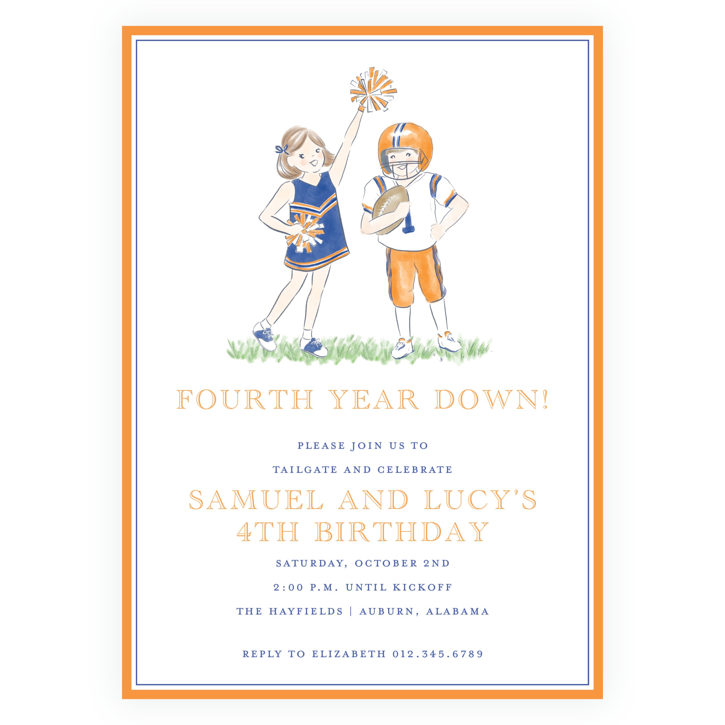Orange & Navy Cheerleader and Football Player Birthday Invitation - Team Spirit