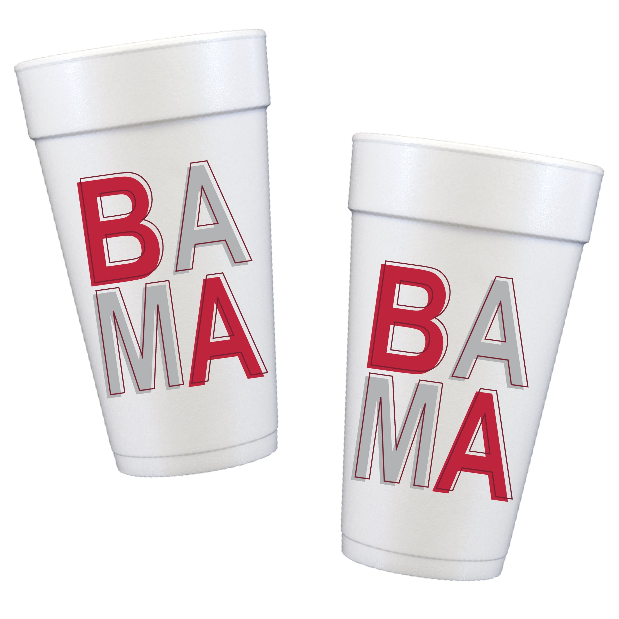 White Styrofoam party cups with bold BAMA lettering in crimson and gray, perfect for Alabama game days and tailgate parties.