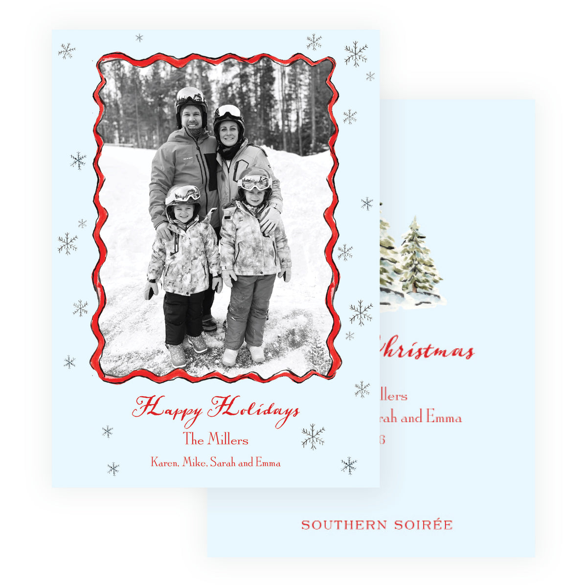 Alpine Holiday personalized holiday photo card with watercolor snowy evergreen tree back