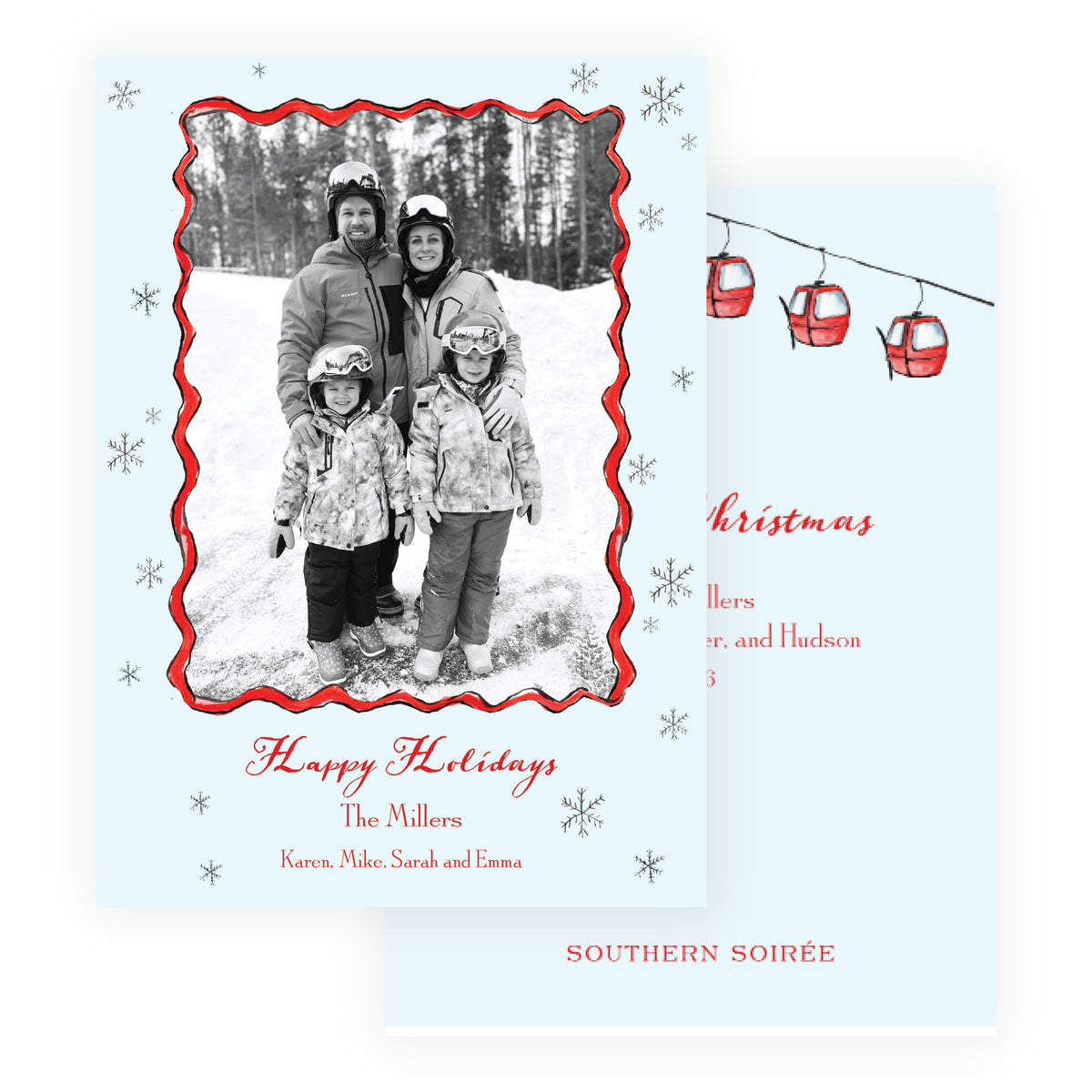 Alpine Holiday ski Christmas photo card with red watercolor gondola back