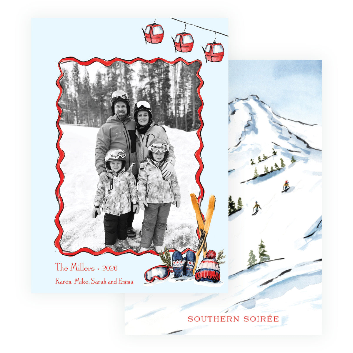 Alpine Holiday Gondola Cheer personalized ski holiday photo card with watercolor gondolas, ski gear and snowy mountain back