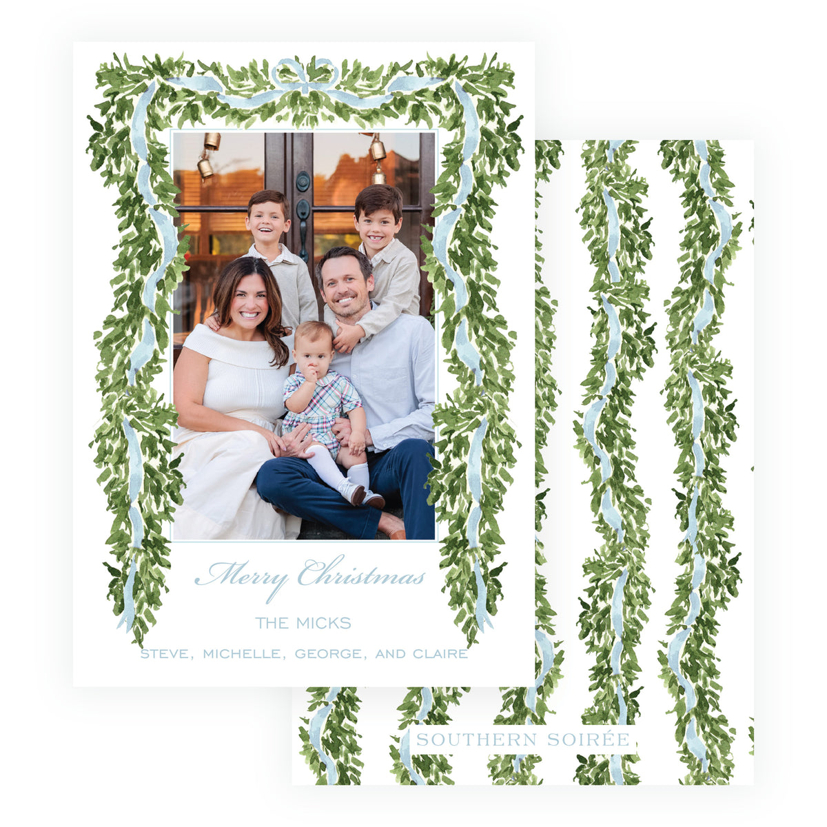 Blue garland frame personalized Christmas photo card with watercolor greenery